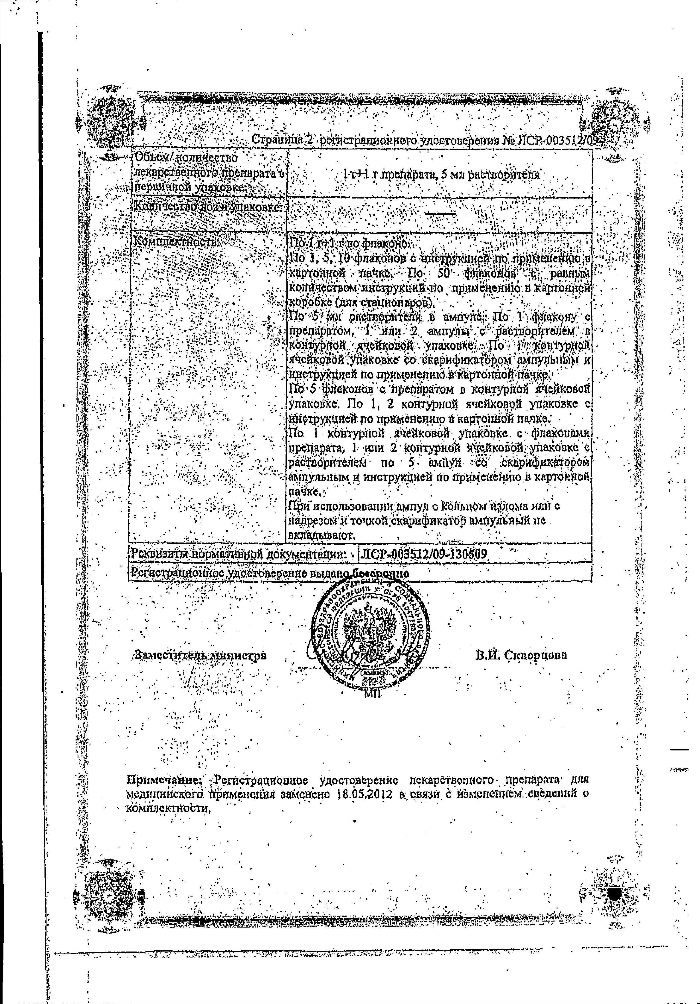 Сертификат на Сульзонцеф, порошок 1 г+1 г,  1 флакон