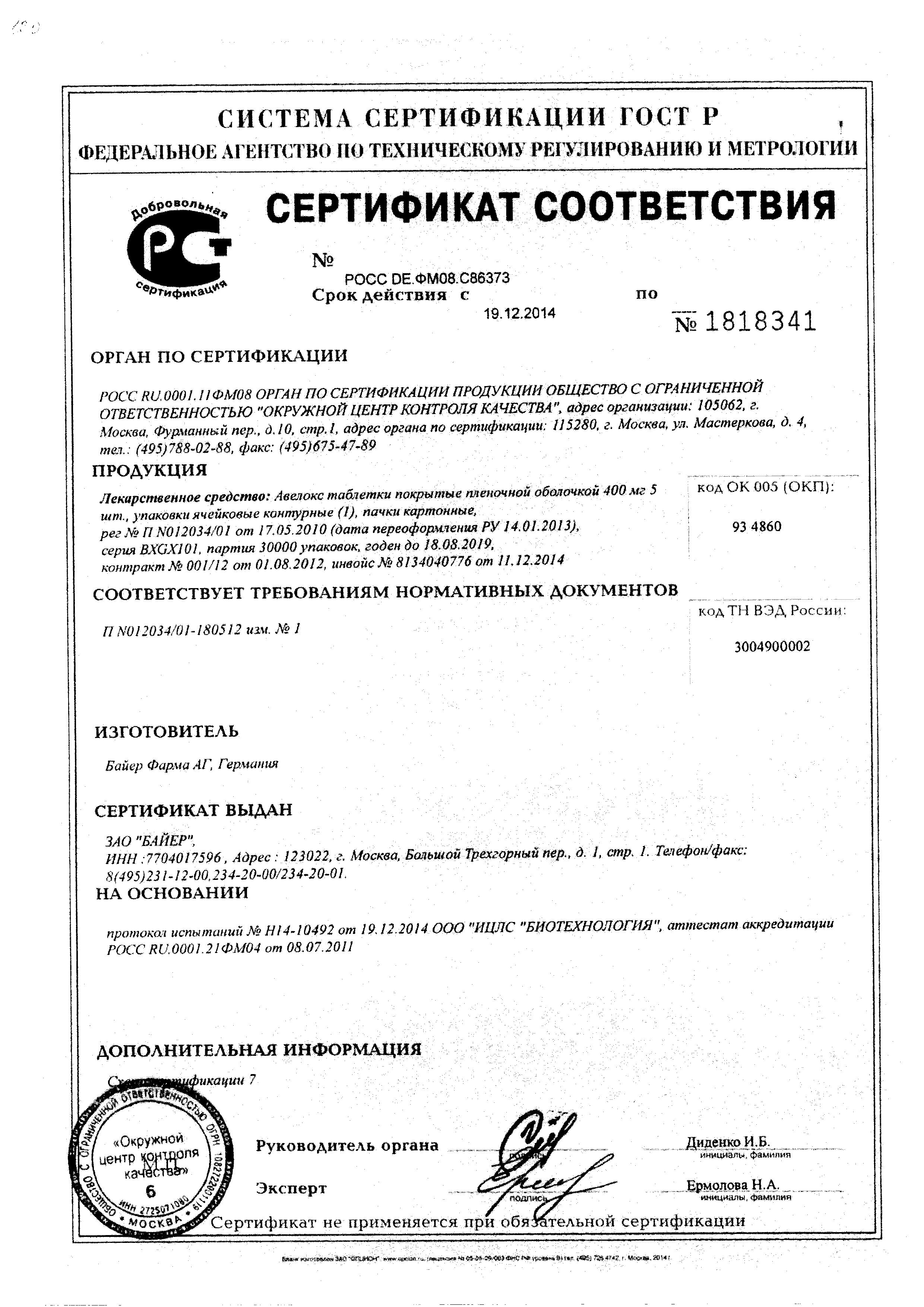 Сертификат на Авелокс, таблетки покрытые пленочной оболочкой 400 мг, 5 шт.