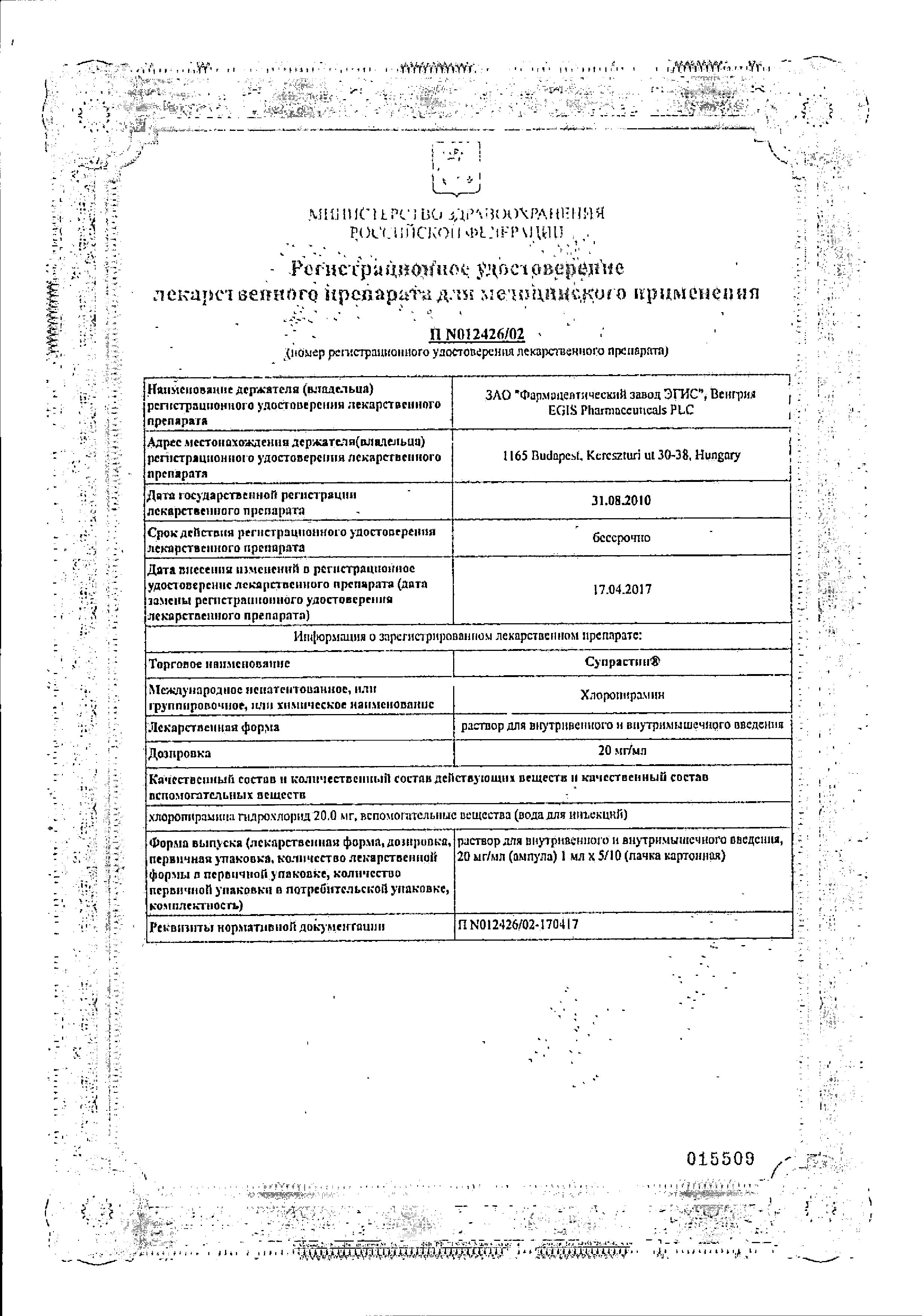 Сертификат на Супрастин, раствор для в/в и в/м введения 20 мг/мл, ампулы 1 мл, 5 шт.