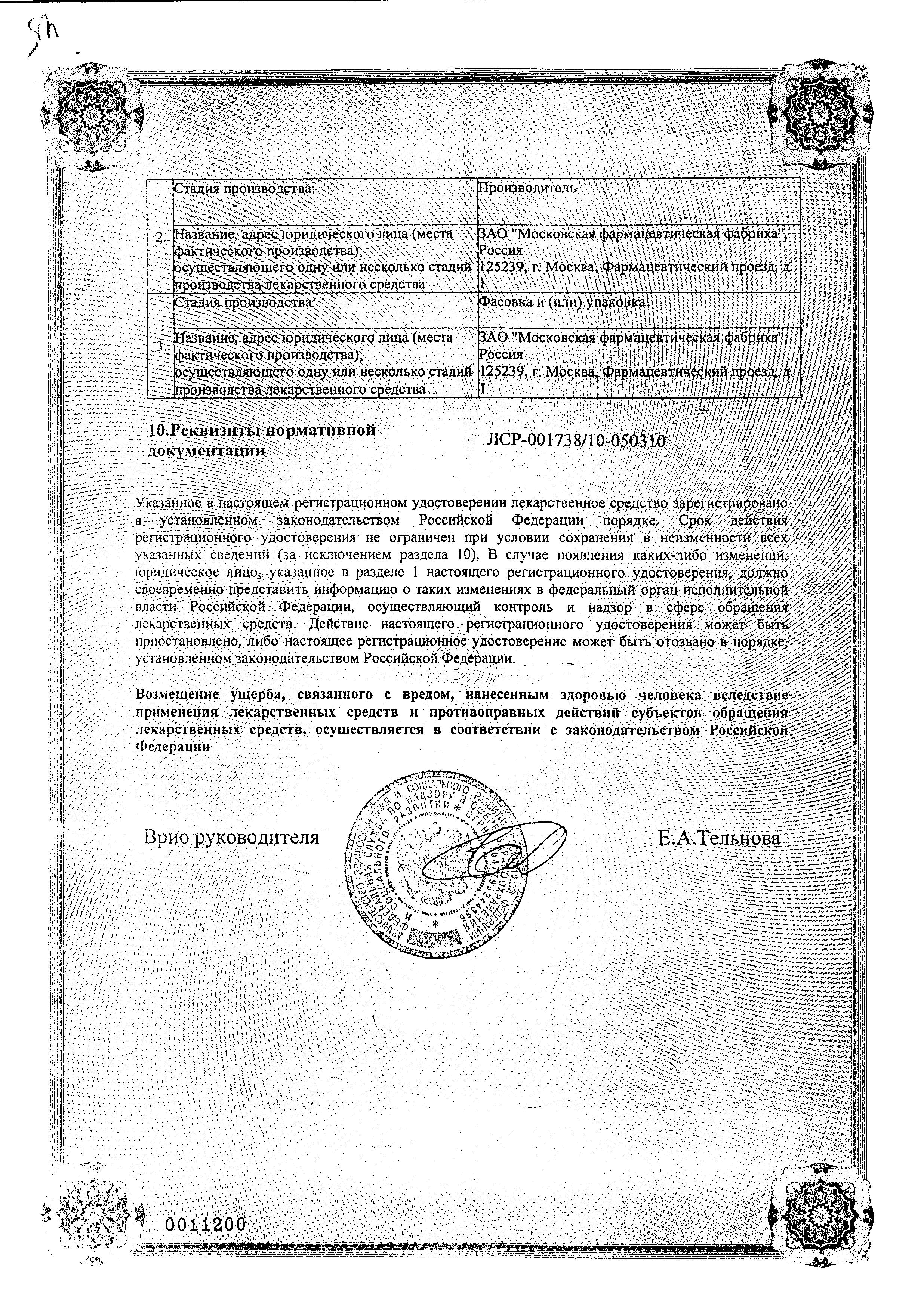 Сертификат на Циндол, суспензия, 125 г (Московская фармацевтическая фабрика)