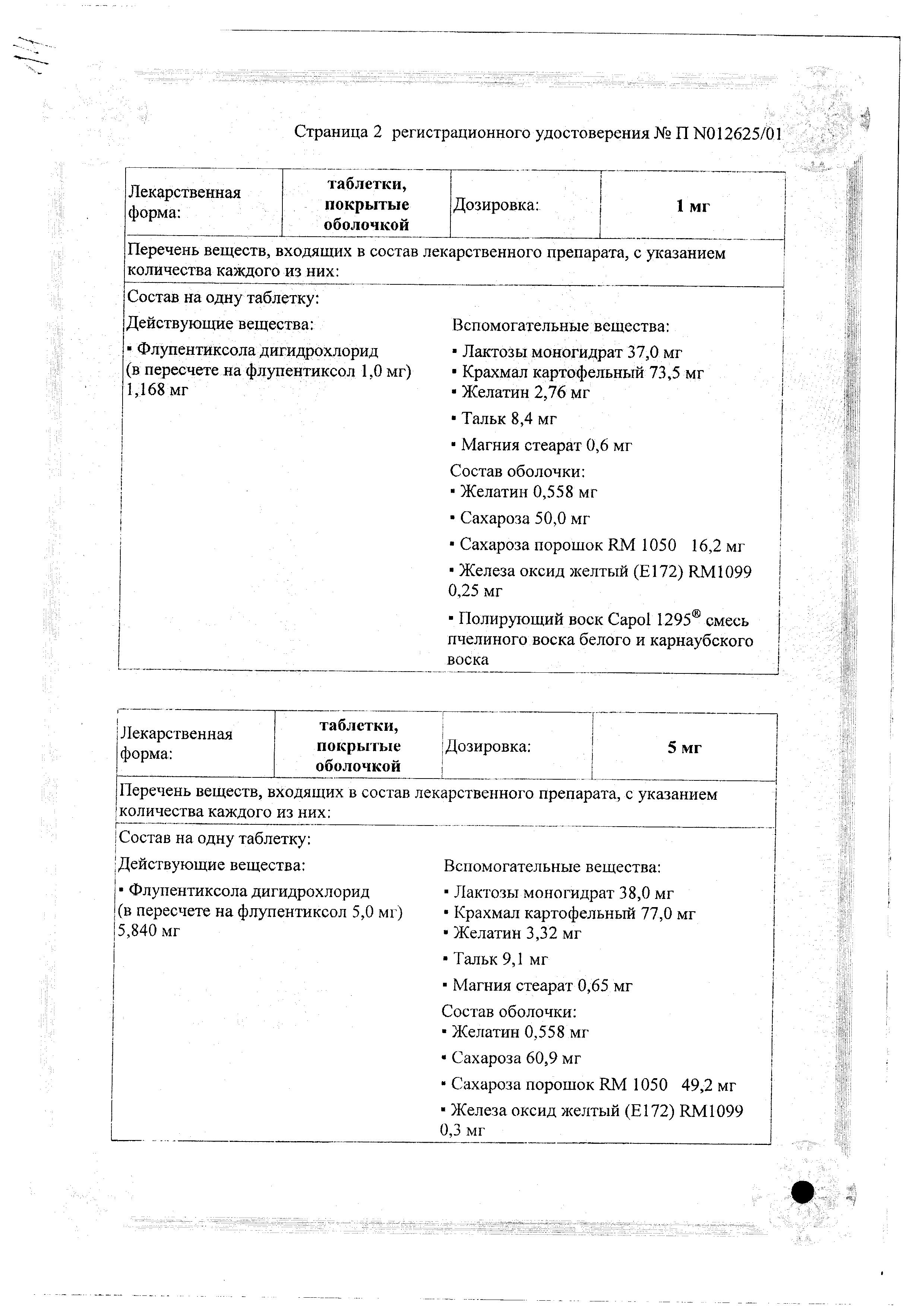 Сертификат на Флюанксол таблетки, покрытые пленочной оболочкой 1 мг, 50 шт.