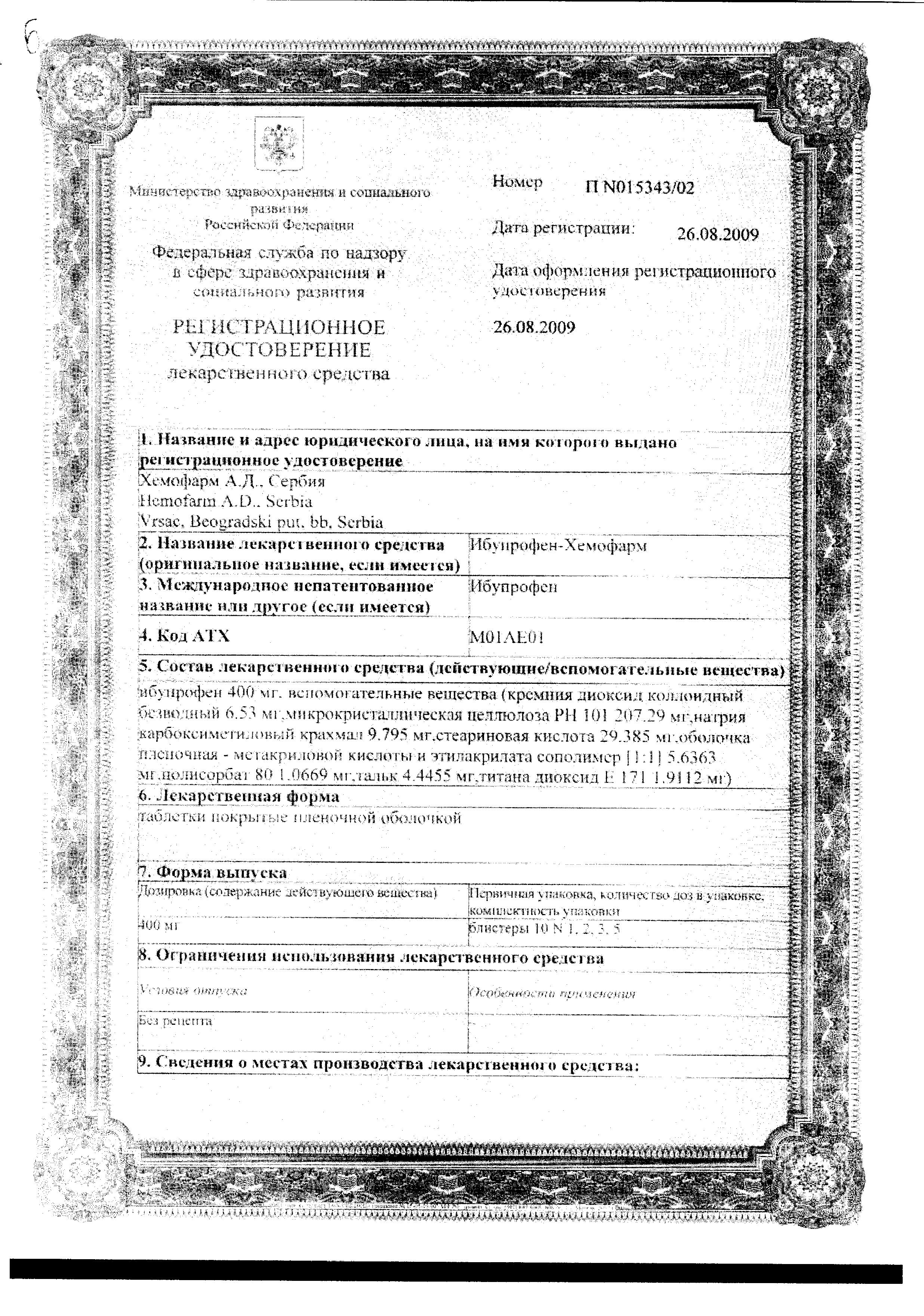 Сертификат на Ибупрофен-Хемофарм, таблетки покрыт. плен. об. 400 мг, 30 шт.