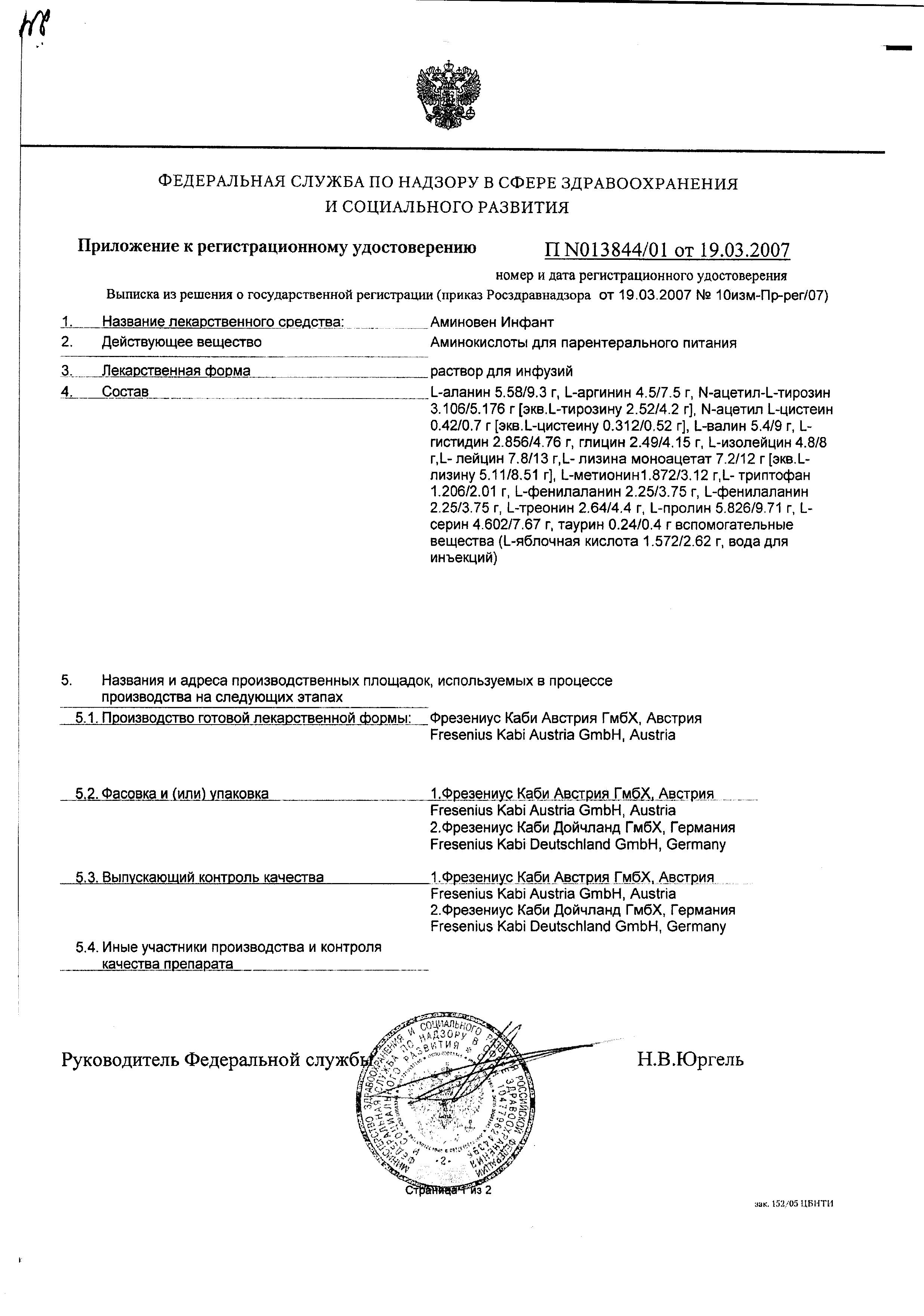 Сертификат на Аминовен Инфант, раствор для инфузий 10%, флаконы 100 мл, 10 шт.