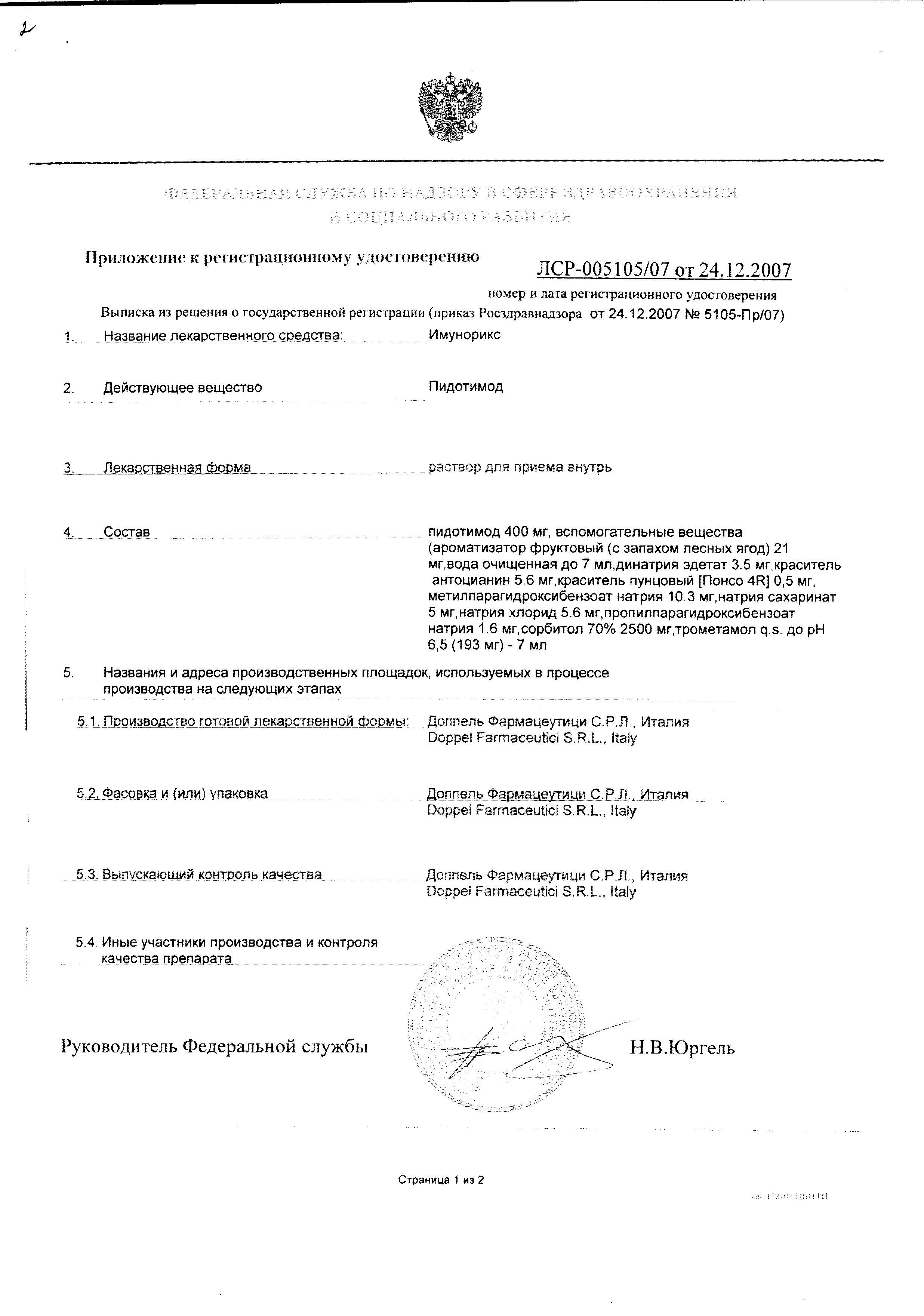 Сертификат на Имунорикс, раствор 400 мг, ампулы 7 мл, 10 шт.