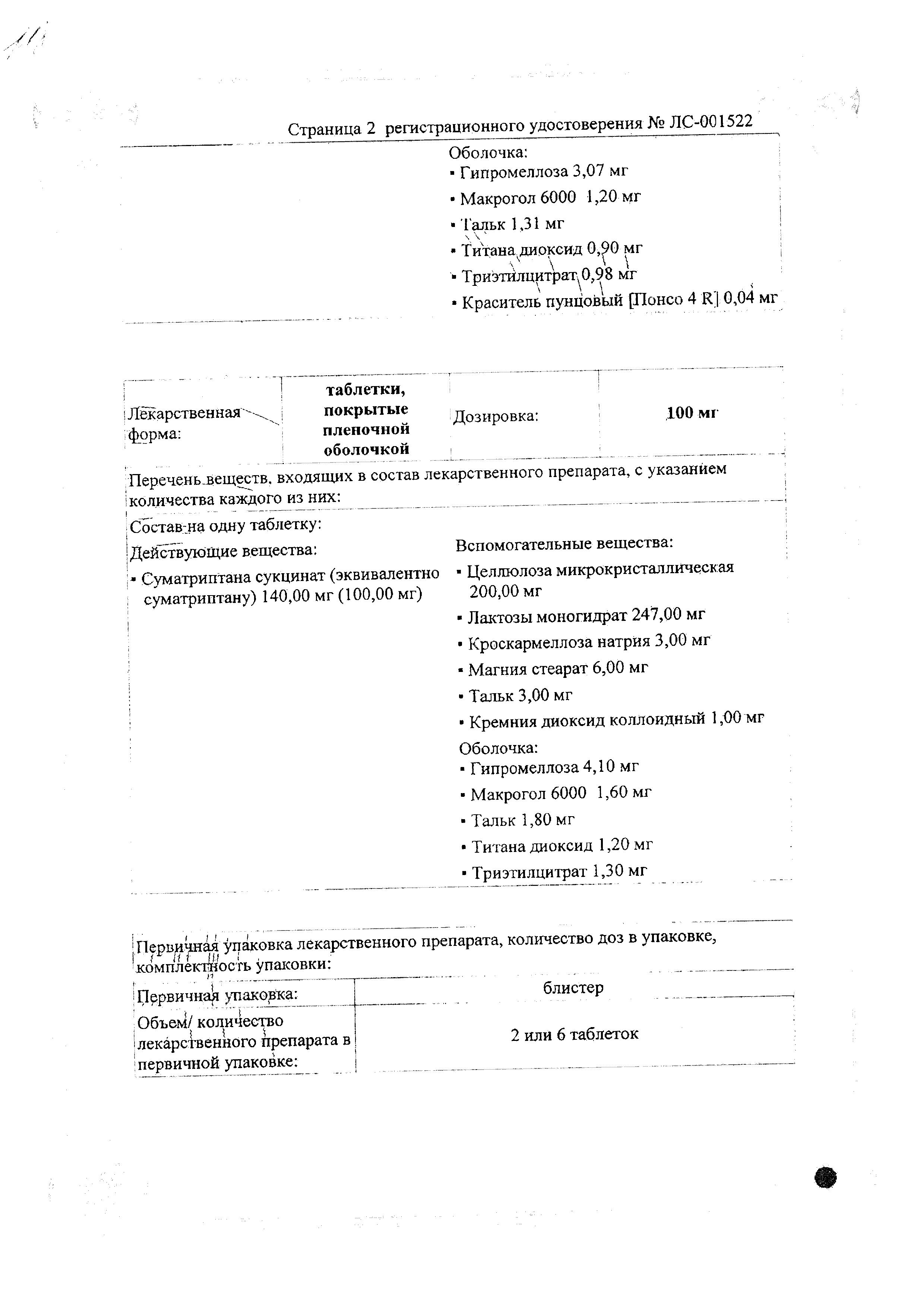 Сертификат на Сумамигрен, таблетки покрыт. плен. об. 50 мг, 2 шт.