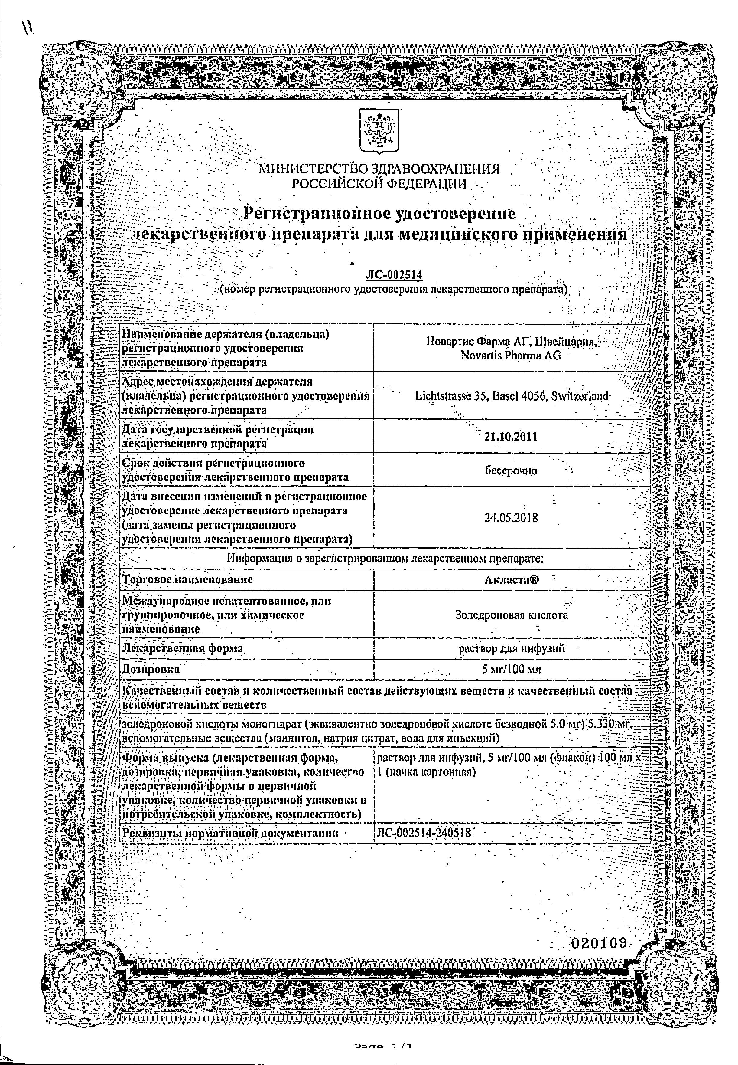 Сертификат на Акласта, раствор 5 мг/100 мл 100 мл, 1 шт.