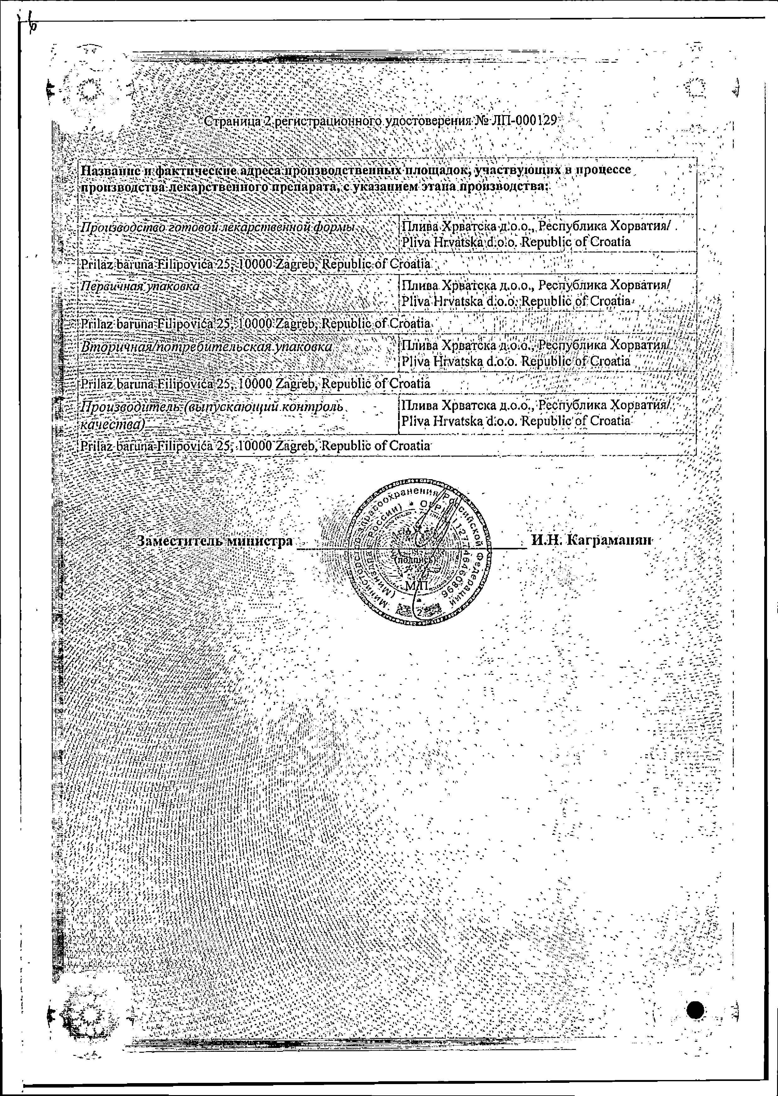 Сертификат на Динамико таблетки, покрытые пленочной оболочкой 100 мг, 1 шт.