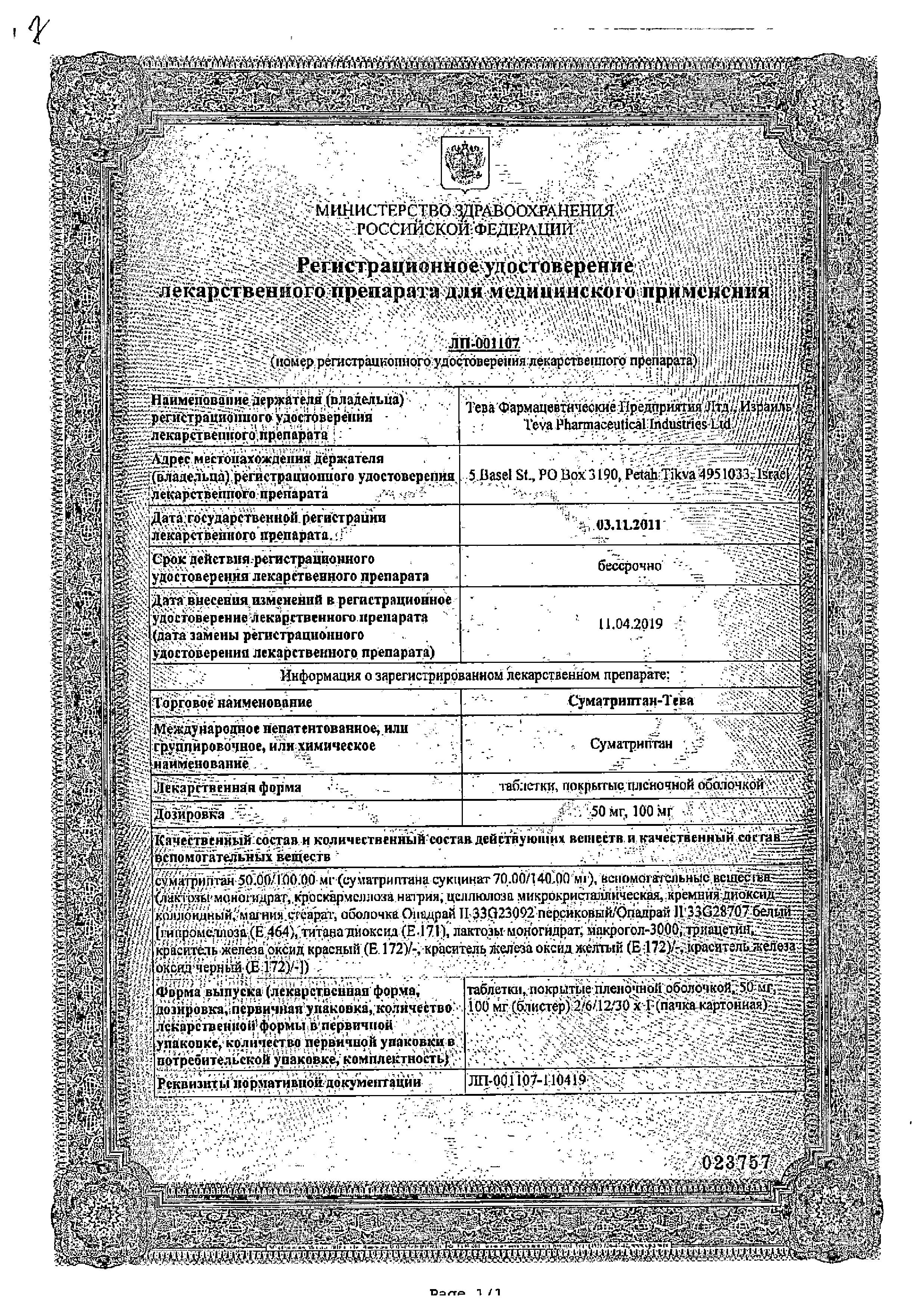 Сертификат на Суматриптан-Тева, таблетки 100 мг, 2 шт.