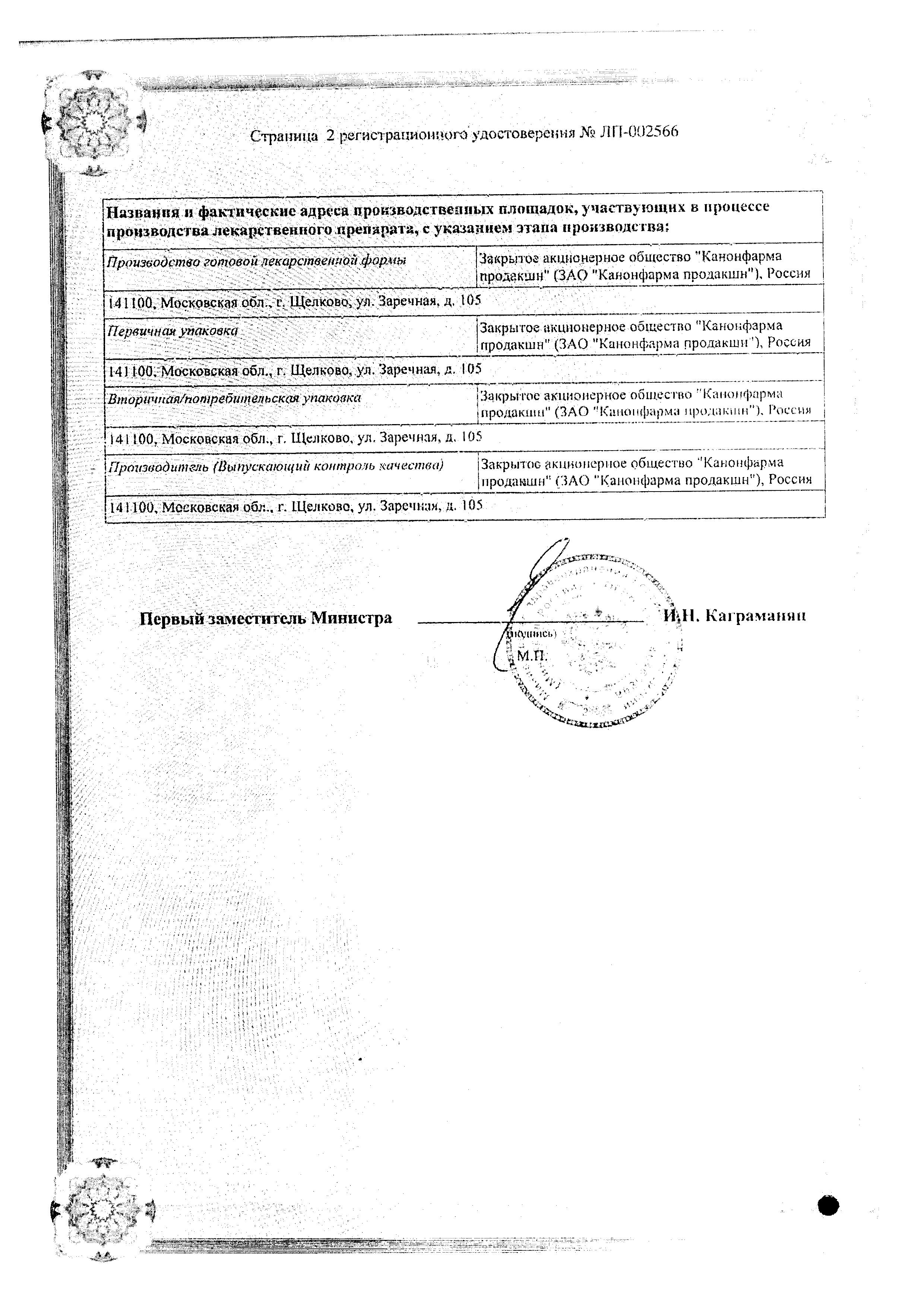 Сертификат на Гидроксизин Канон таблетки, покрытые пленочной оболочкой 25 мг, 25 шт.