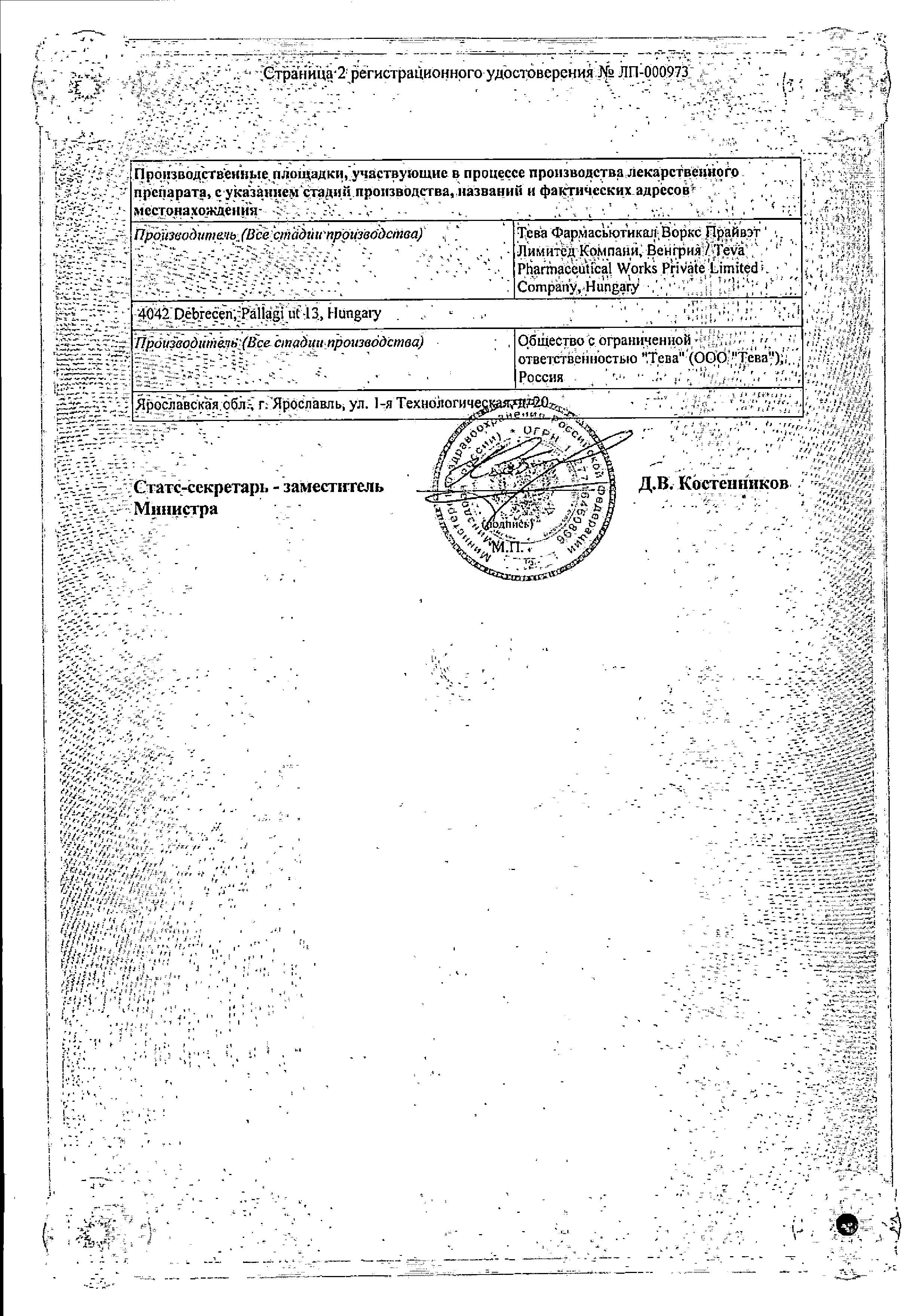 Сертификат на Лизиноприл-Тева, таблетки 20 мг, 30 шт.