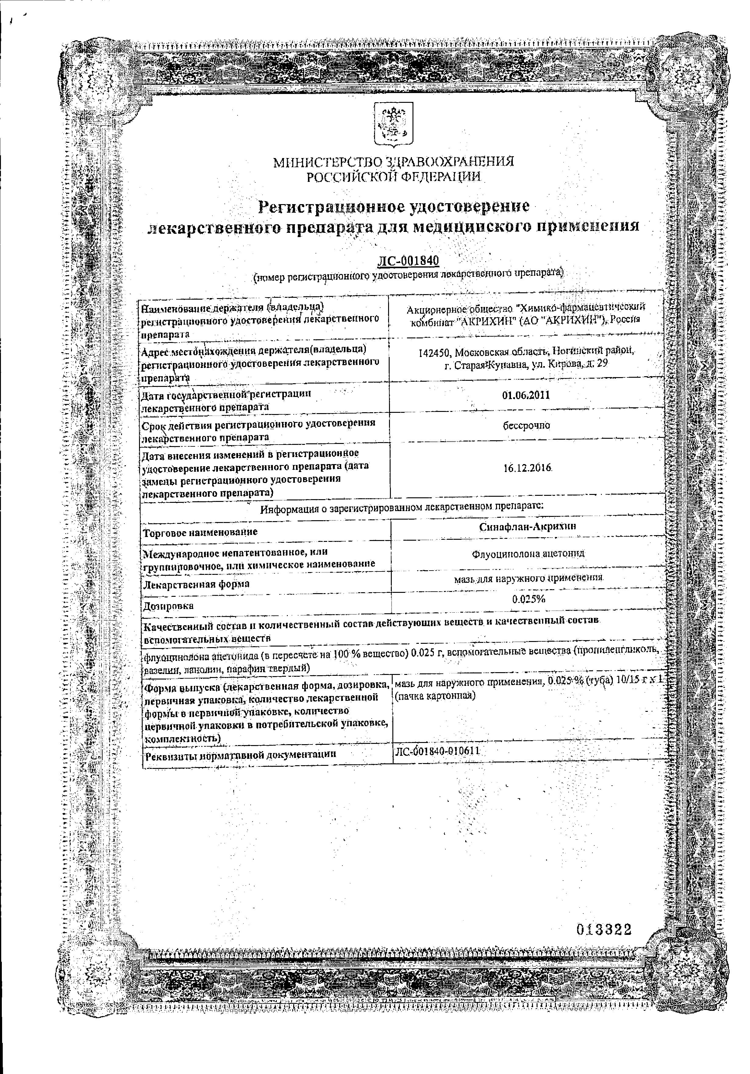 Сертификат на Синафлан-Акрихин, мазь 0.025%, 10 г