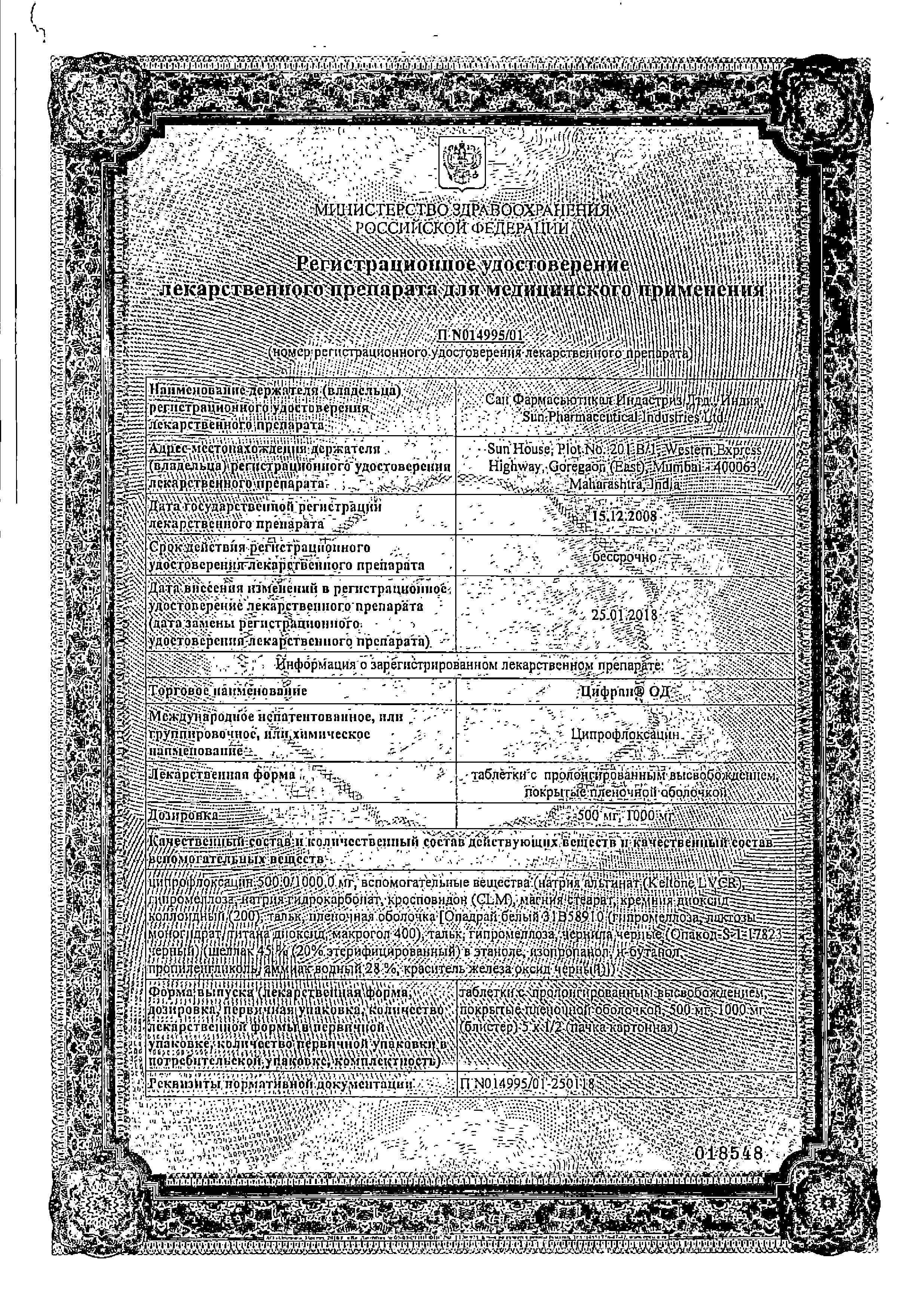 Сертификат на Цифран ОД, таблетки пролонг. покрыт. плен. об. 1000 мг, 10 шт.