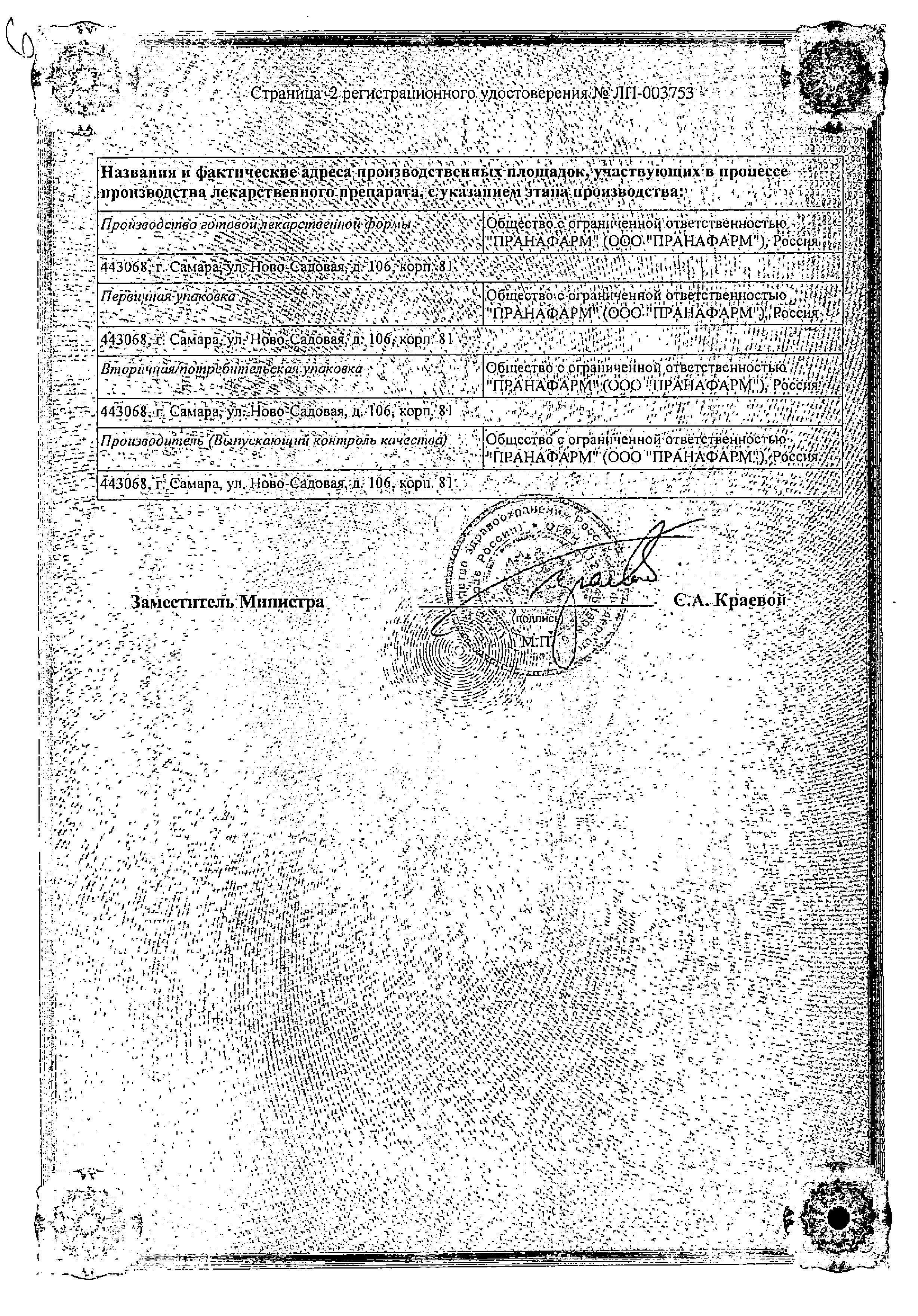 Сертификат на Лизиноприл, таблетки 20 мг (Пранафарм), 20 шт.