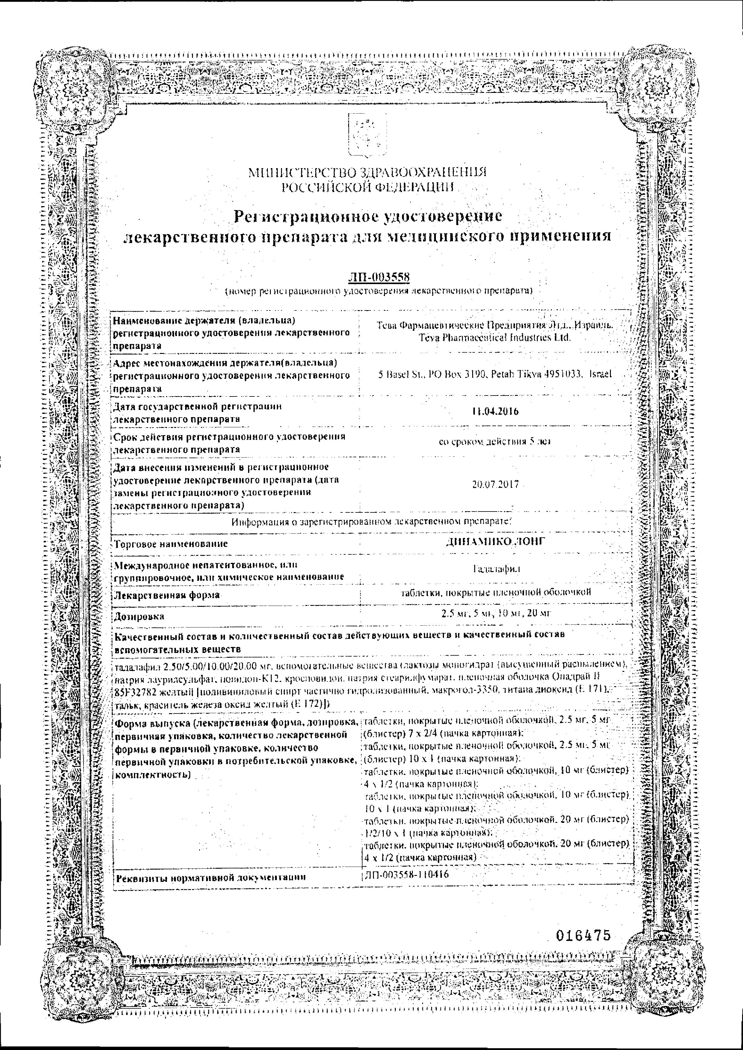 Сертификат на Динамико Лонг, таблетки, покрытые пленочной оболочкой 20 мг, 1 шт.