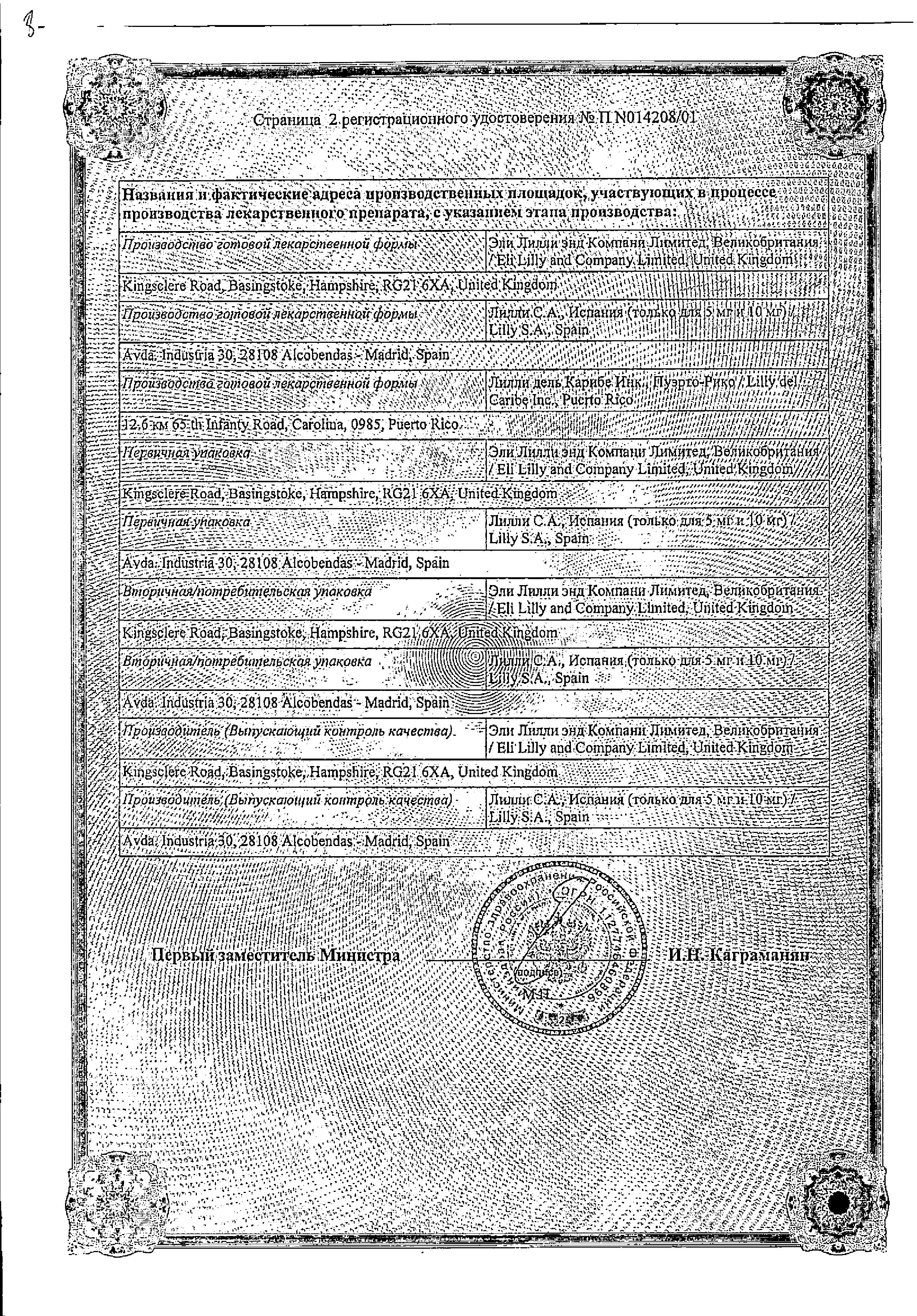 Сертификат на Зипрекса, таблетки 5 мг, 28 шт.