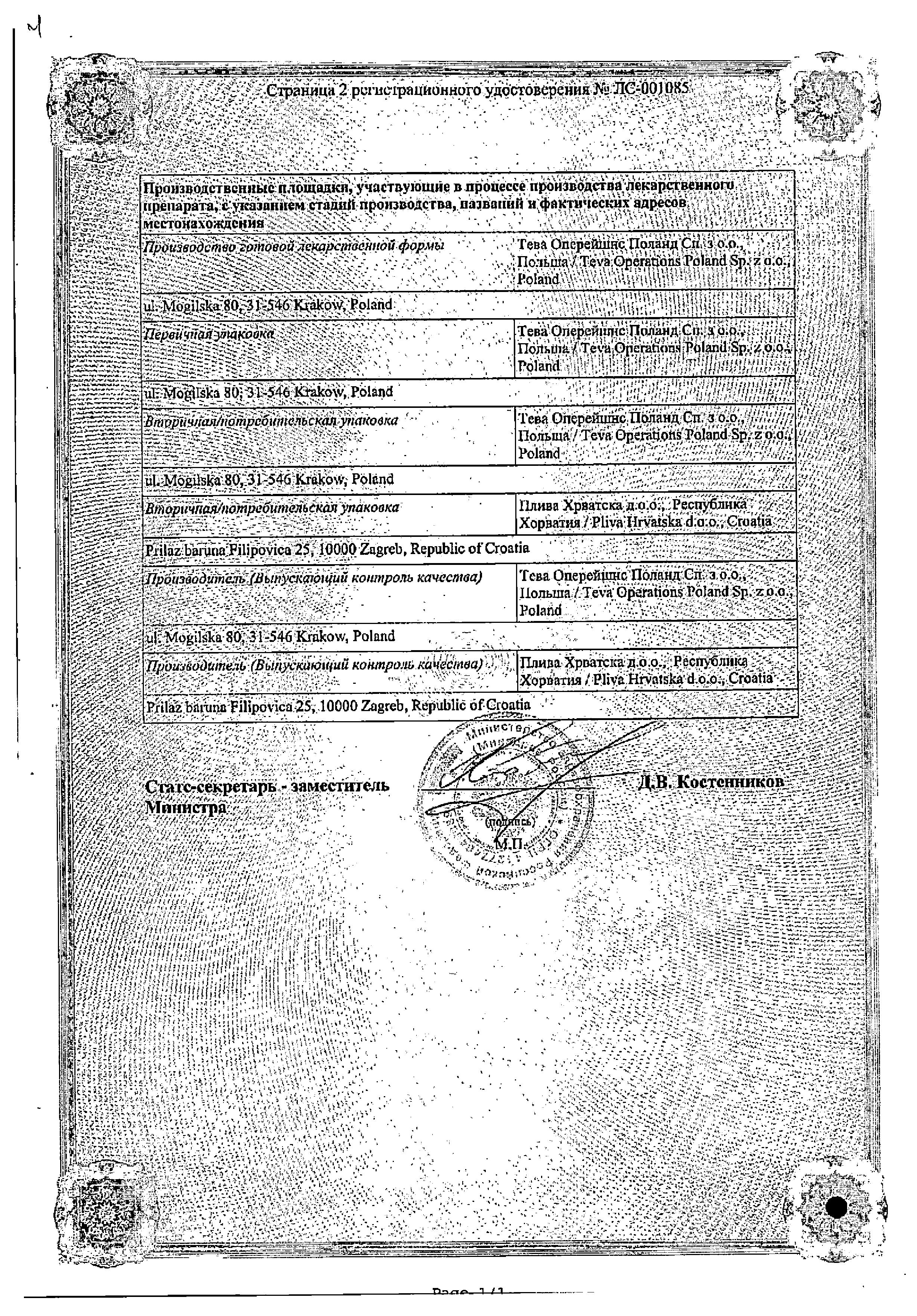 Сертификат на Карведилол-Тева, таблетки 6,25 мг, 30 шт.