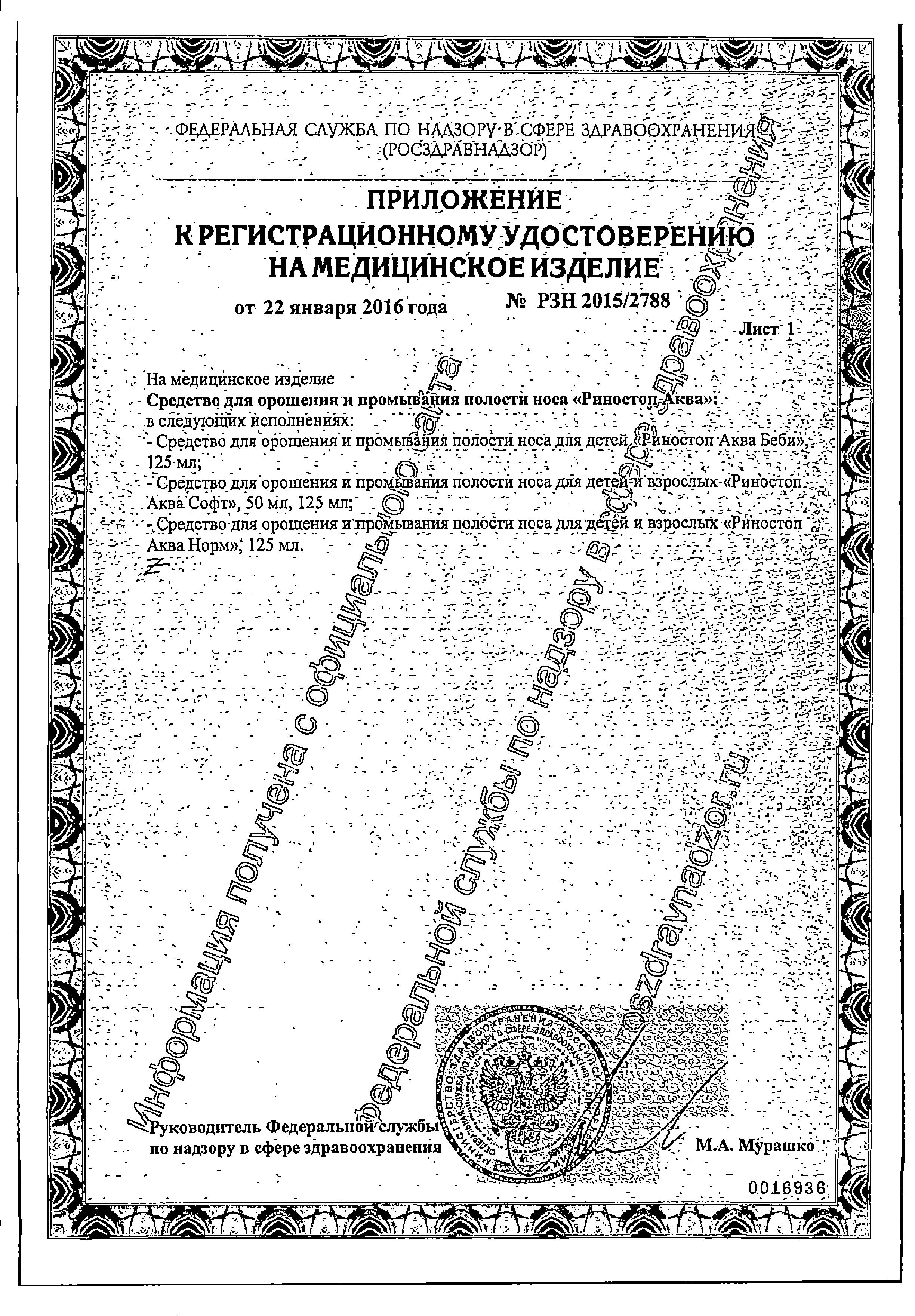 Сертификат на Риностоп Аква Софт, спрей, 50 мл