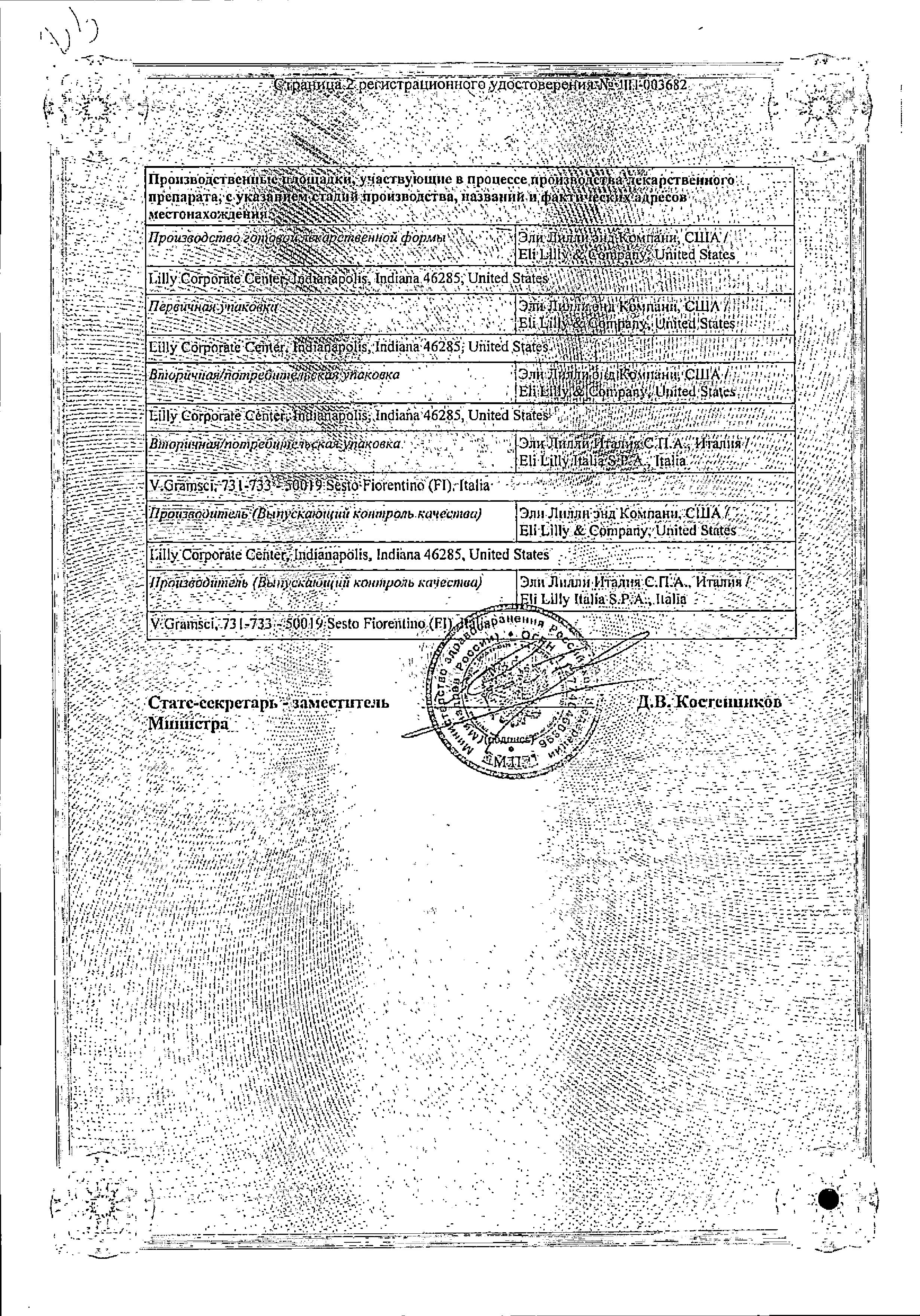 Сертификат на Трулисити, раствор для инъекций 1,5 мг/0,5 мл, шприц-ручка 0,5 мл, 4 шт.