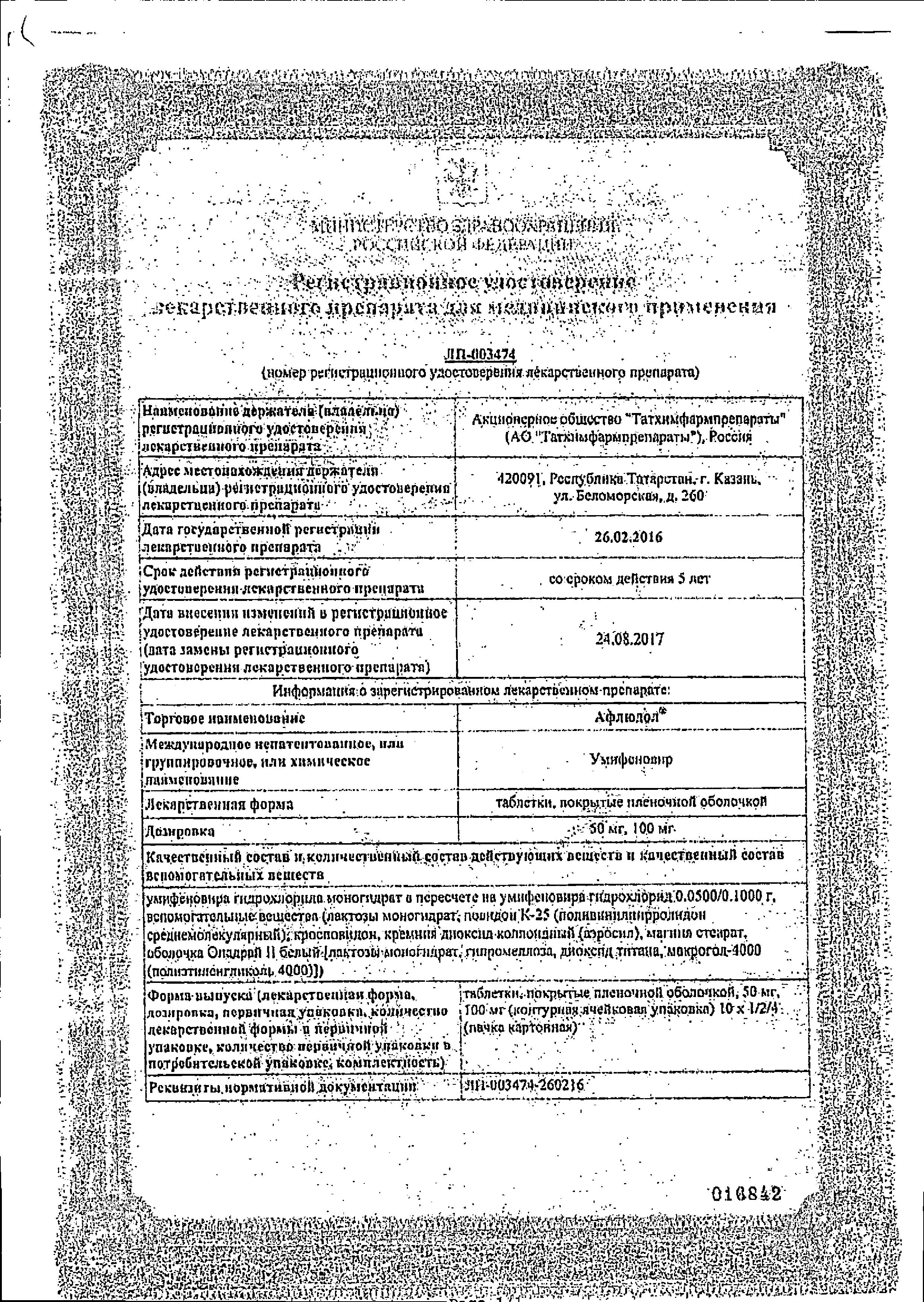 Сертификат на Афлюдол, таблетки покрыт. плен. об. 50 мг, 20 шт.