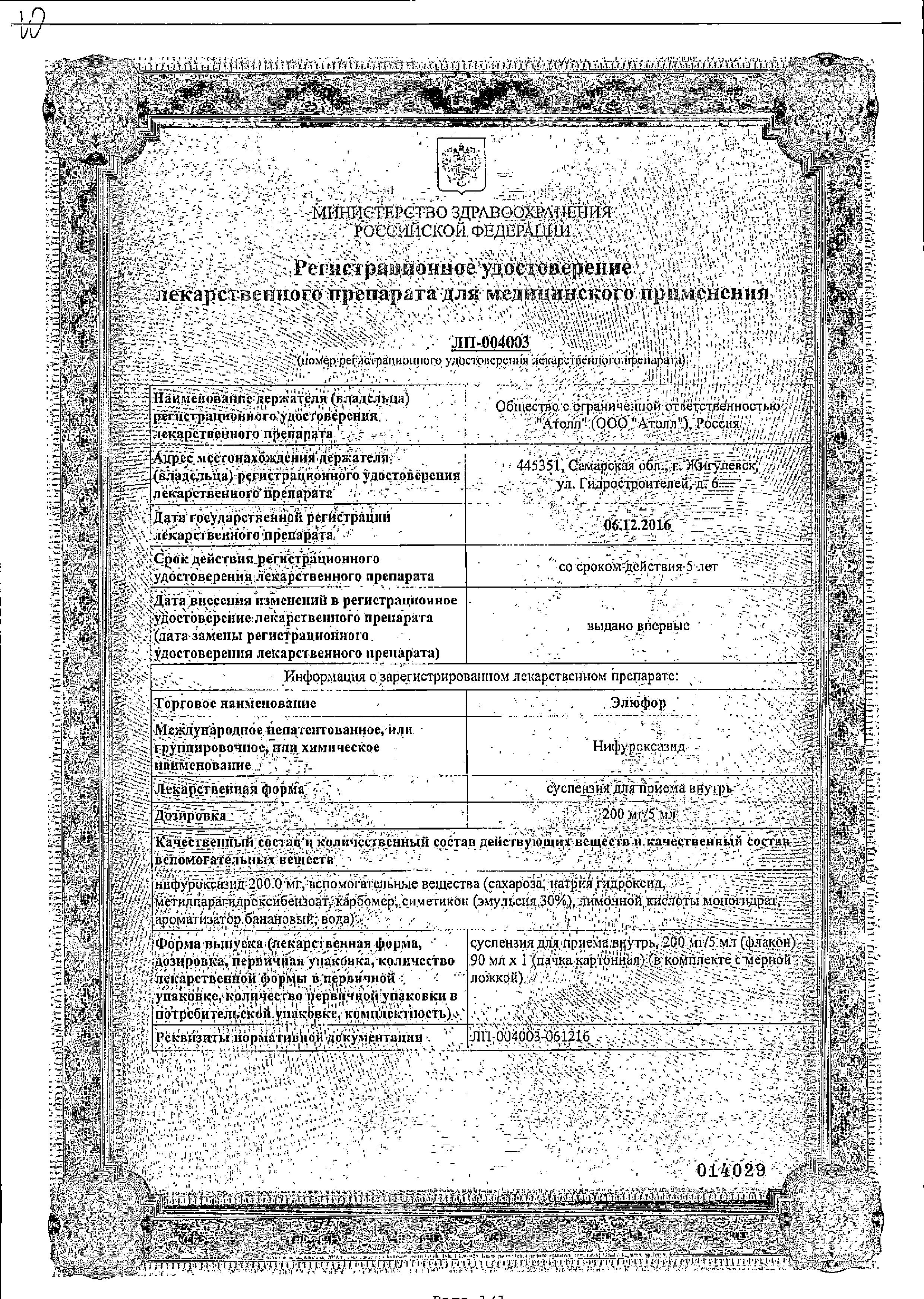 Сертификат на Элюфор, суспензия для внутреннего применения 200 мг/5мл, 90 мл