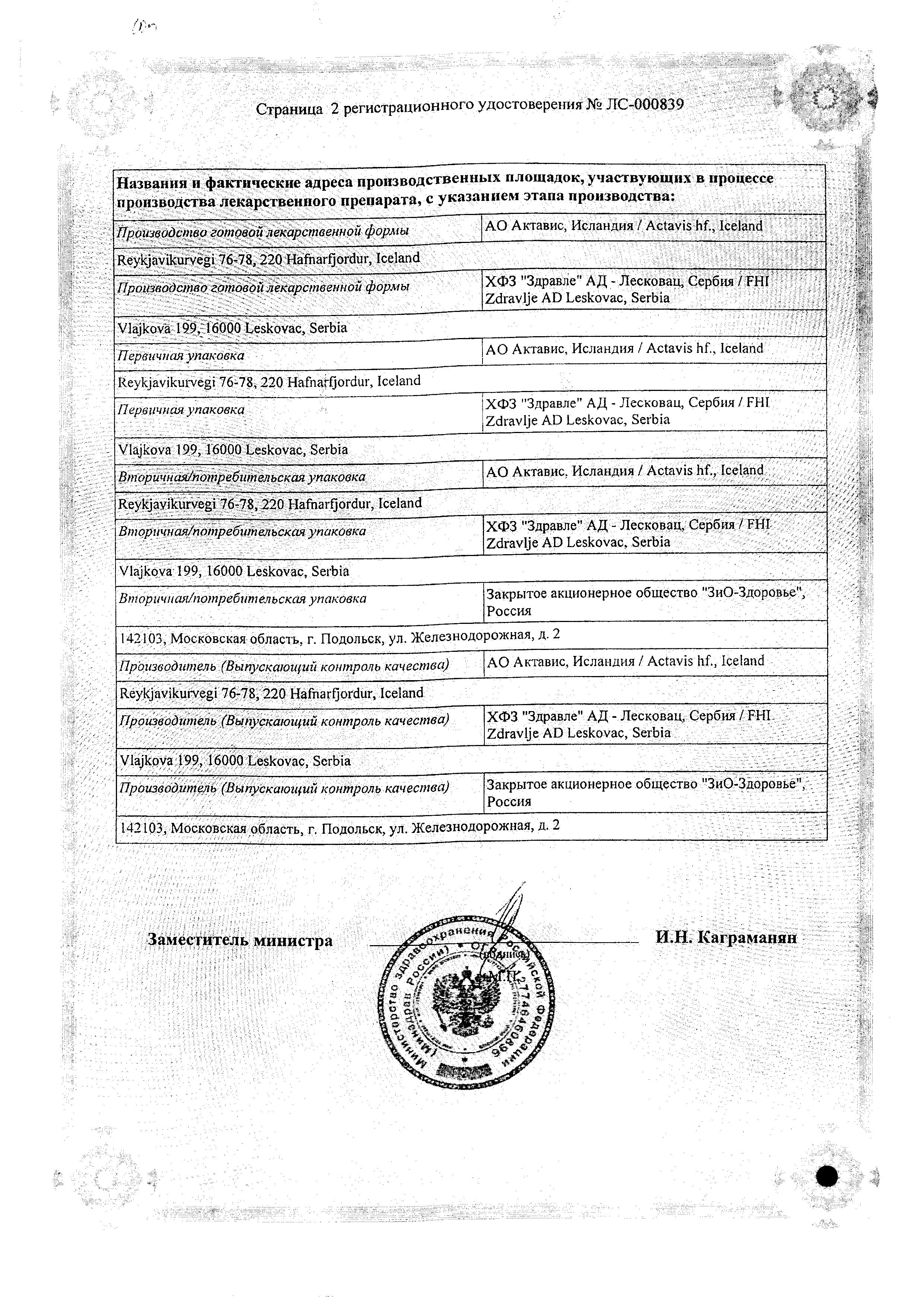Сертификат на Фозикард, таблетки 20 мг, 28 шт.