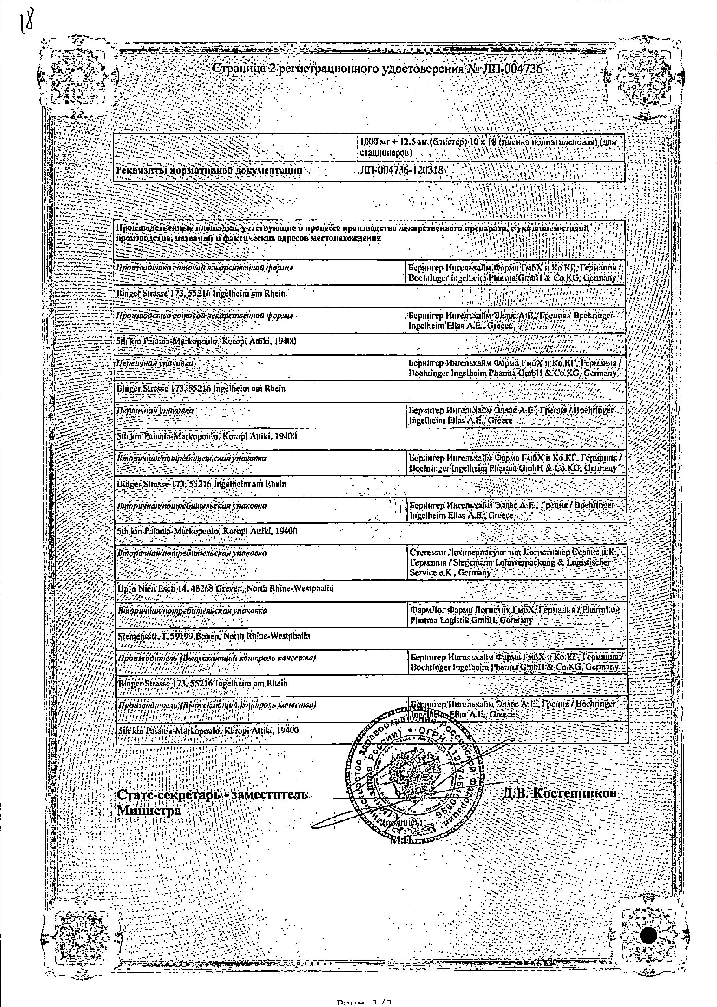 Сертификат на Синджарди, таблетки покрытые пленочной оболочкой 1000 мг+5 мг, 60 шт.