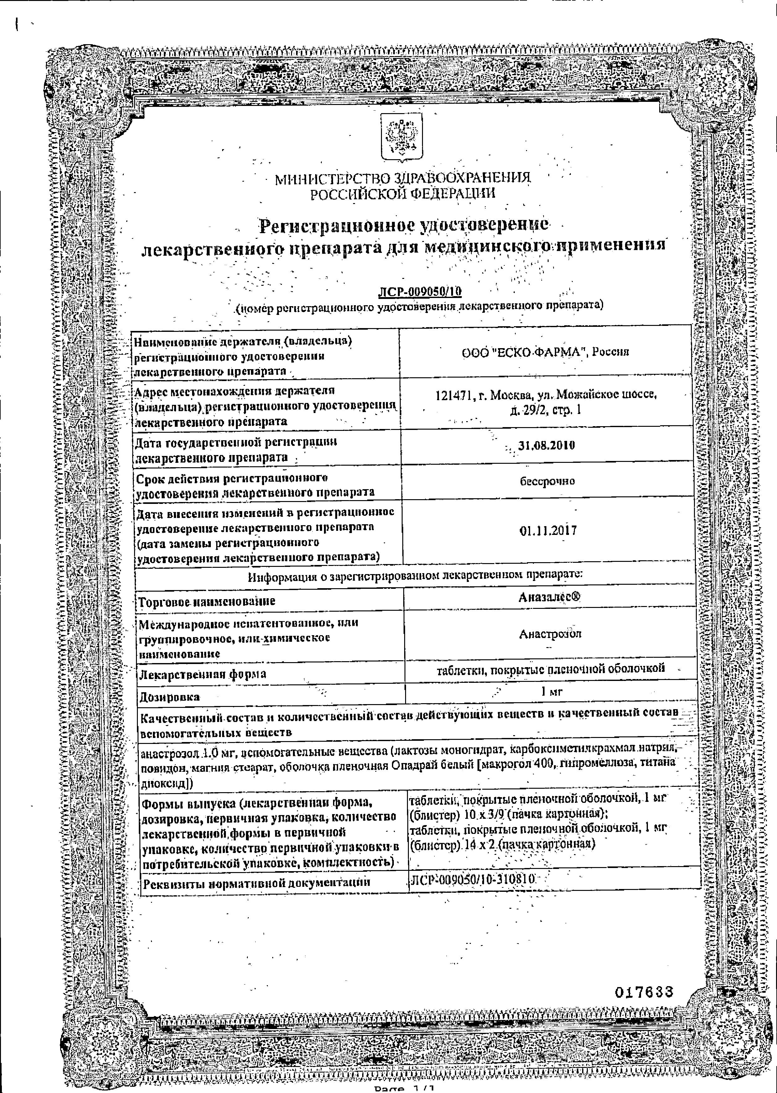Сертификат на Аназалес, таблетки покрыт. плен. об. 1 мг, 28 шт.