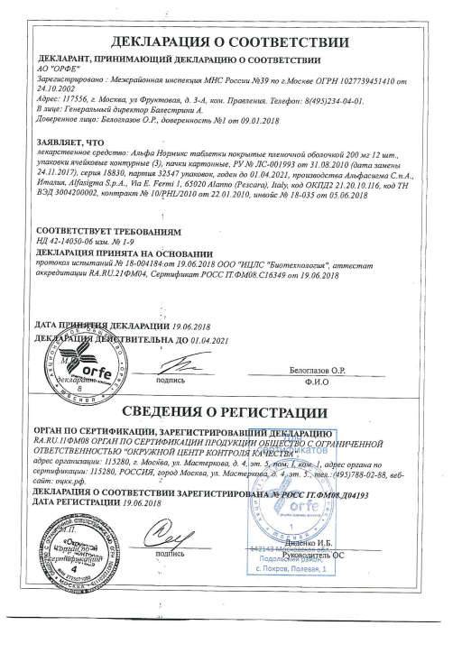 Сертификат на Альфа Нормикс, таблетки покрыт. плен. об. 400 мг, 14 шт.