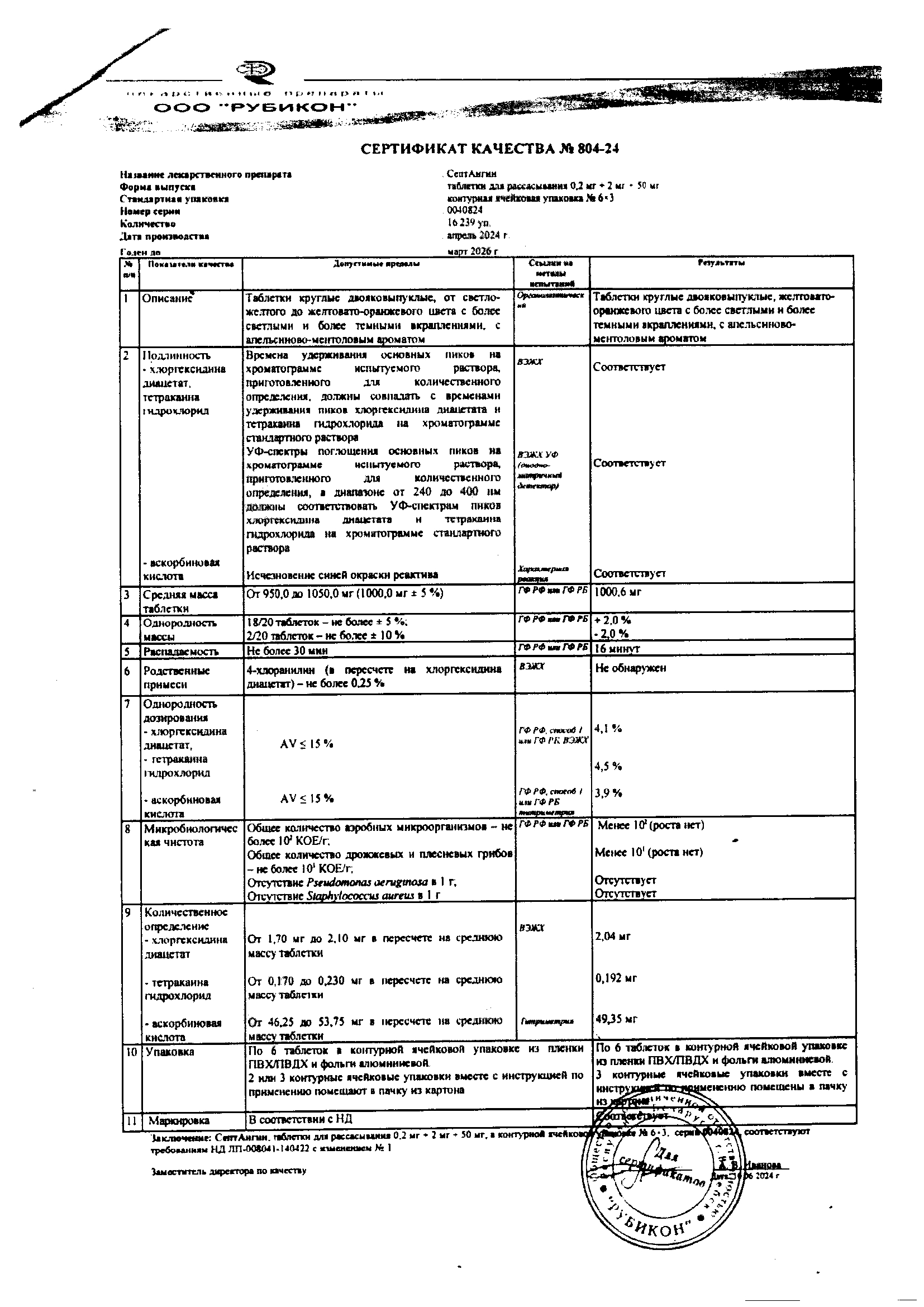 Сертификат на СептАнгин, таблетки для рассасывания 0,2 мг+2 мг+50 мг, 18 шт.