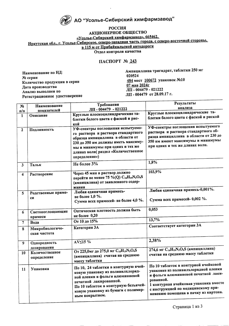 Сертификат на Ампициллина тригидрат, таблетки 250 мг, 10 шт.