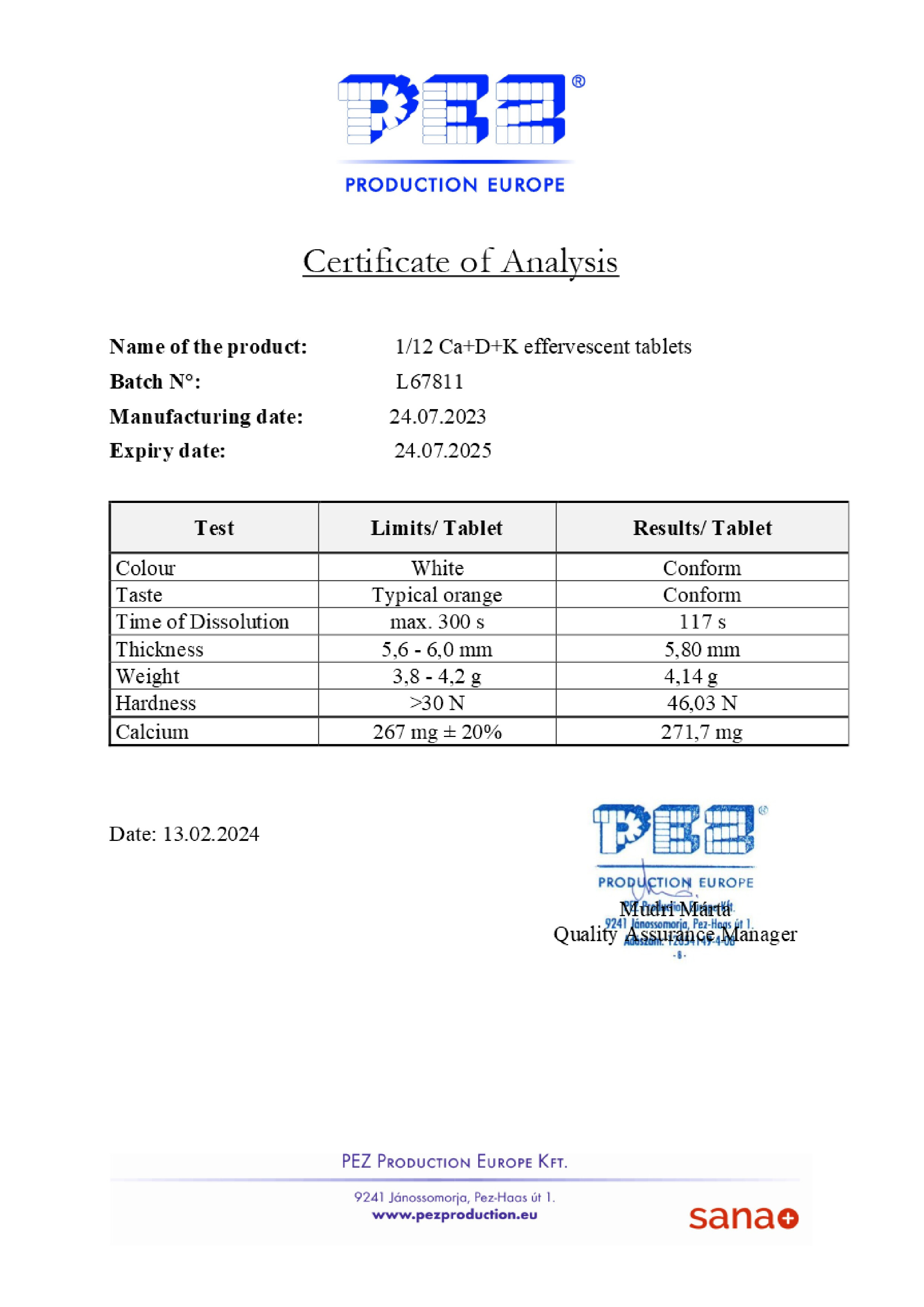 Сертификат на Кальций + витамин Д + витамин К MultiForte , таблетки шипучие (апельсин), 20 шт.