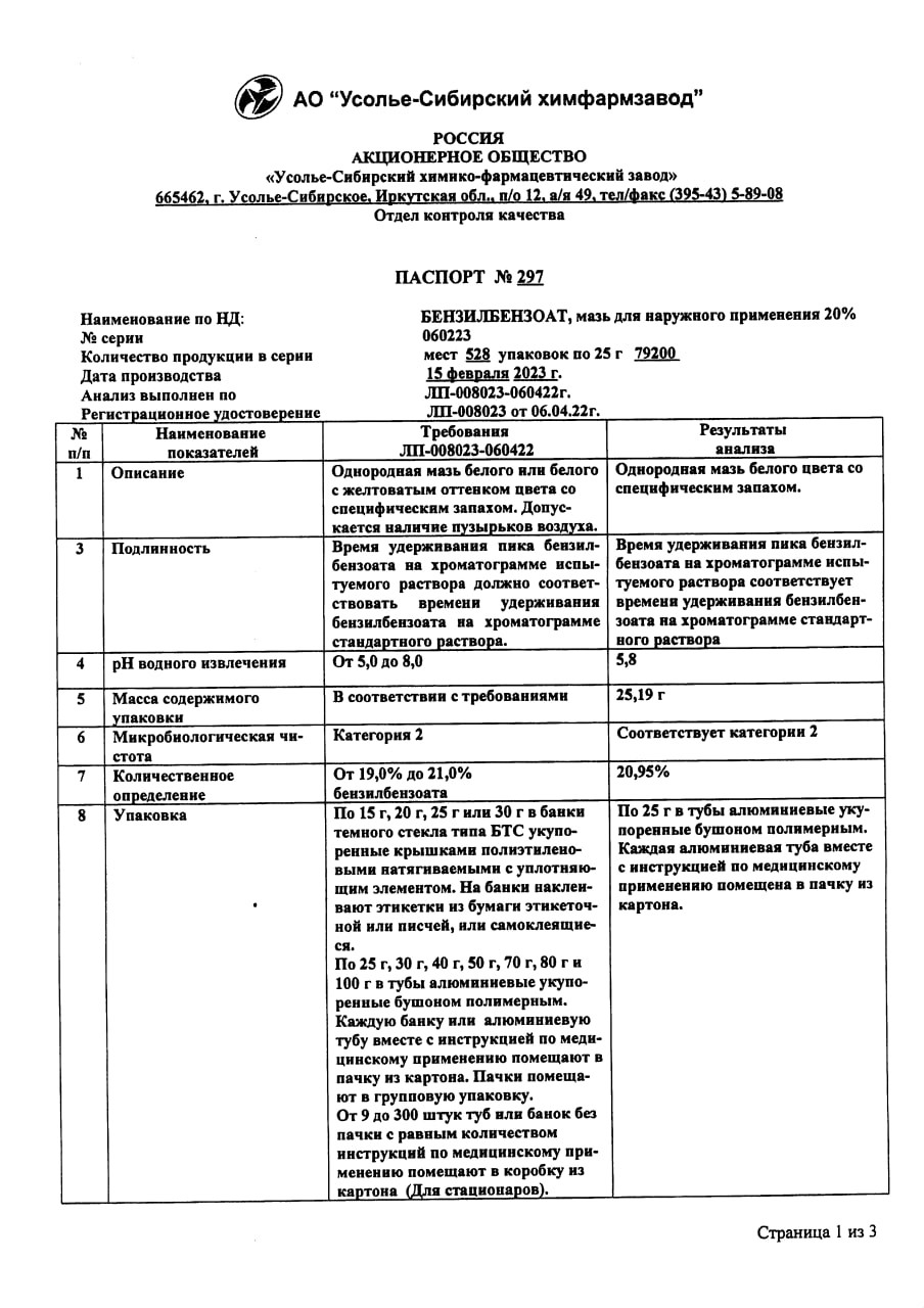 Сертификат на Бензилбензоат, мазь для наружного применения 20 %, 25 г