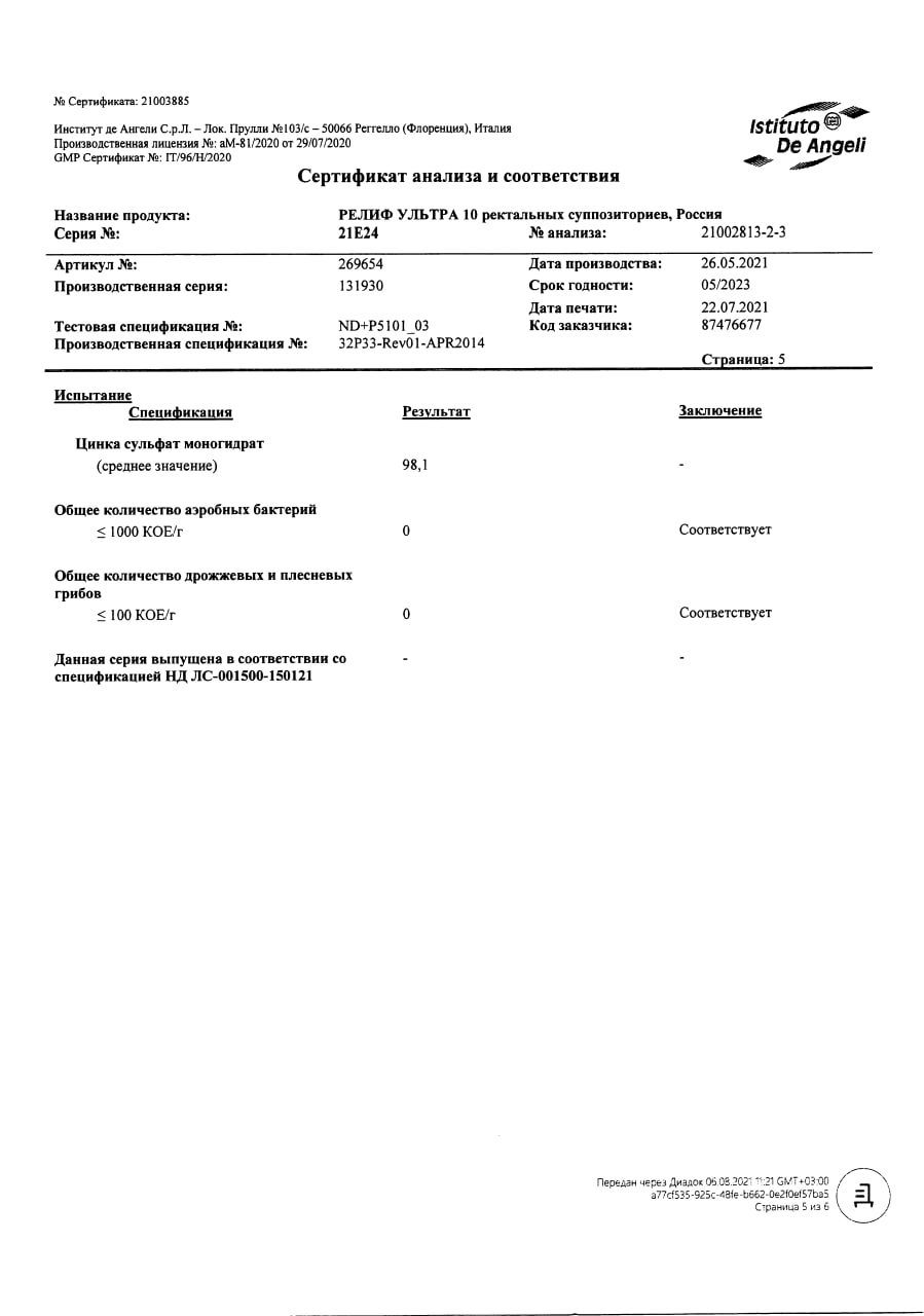 Сертификат на Релиф Ультра, суппозитории ректальные 10 мг+11 мг,10 шт.