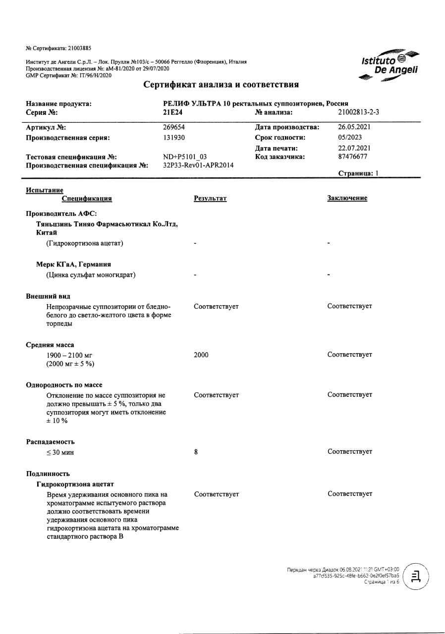 Сертификат на Релиф Ультра, суппозитории ректальные 10 мг+11 мг,10 шт.