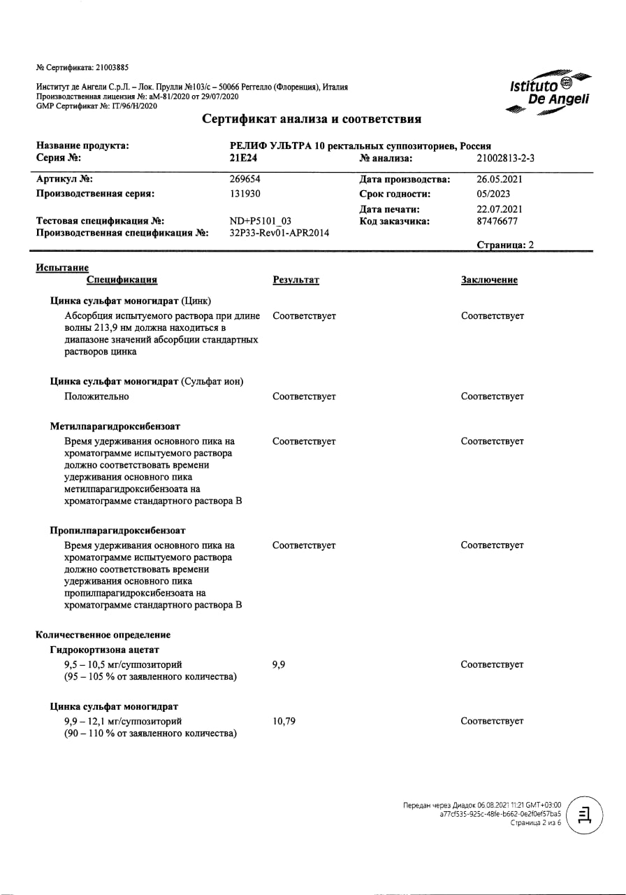 Сертификат на Релиф Ультра, суппозитории ректальные 10 мг+11 мг,10 шт.