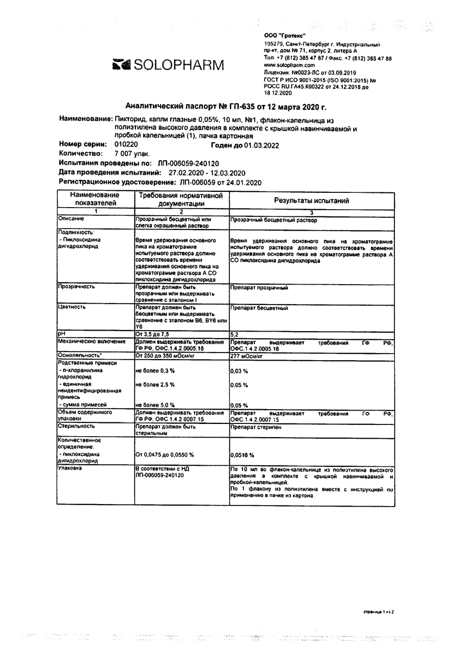 Сертификат на Пикторид-Солофарм, капли глазные 0.05%, 10 мл