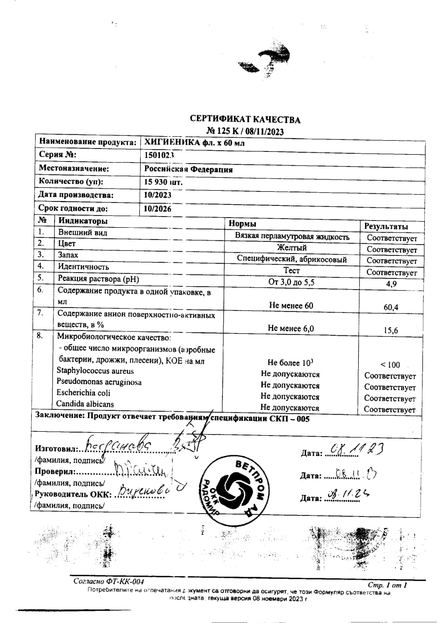 Сертификат на Хигиеника, шампунь, 60 мл