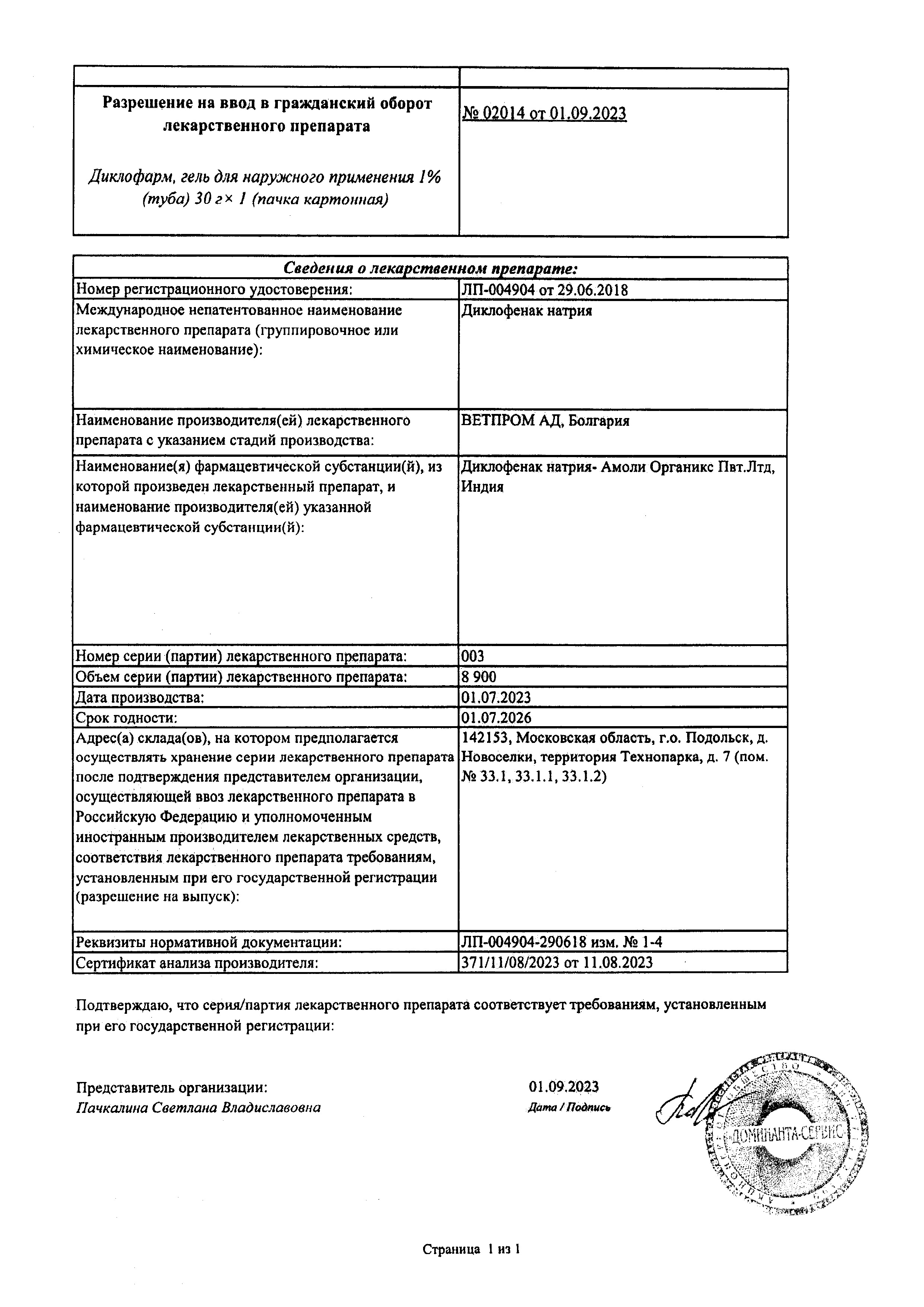 Сертификат Диклофарм, гель для наружного применения 1 %, 30 г