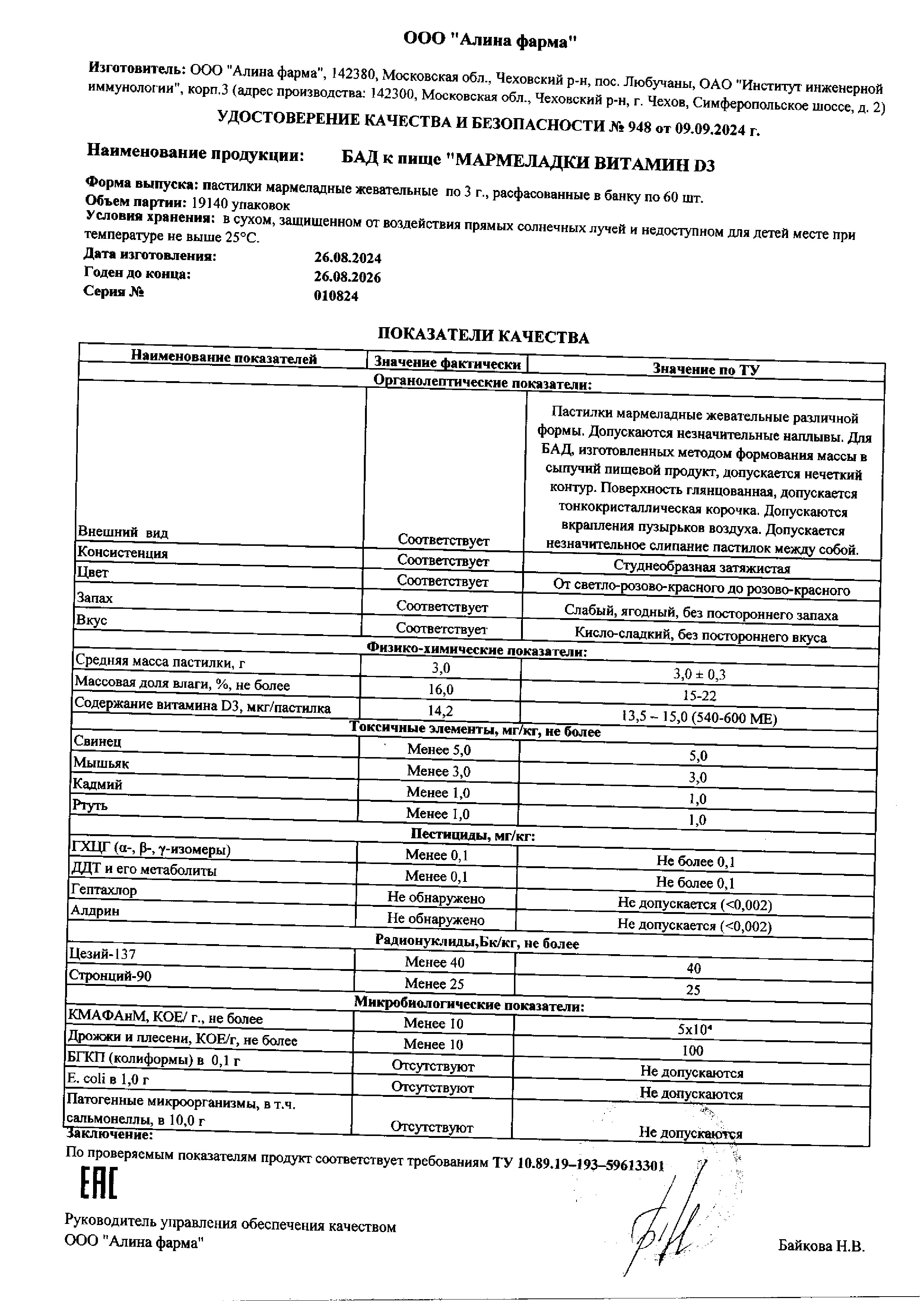 Сертификат на Мишутка Витамин Д3 BioForte, пастилки (со вкусом вишни) 600 мг, 60 шт.