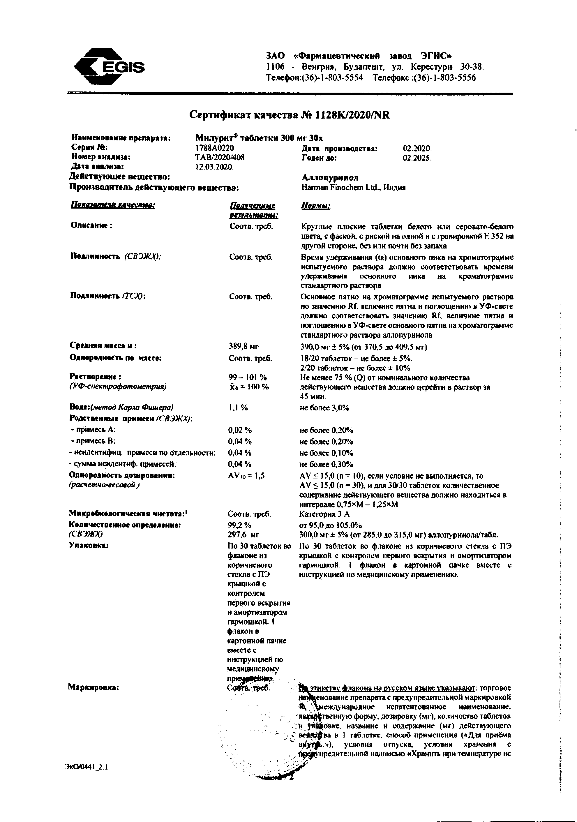 Сертификат на Милурит, таблетки 300 мг, 30 шт.