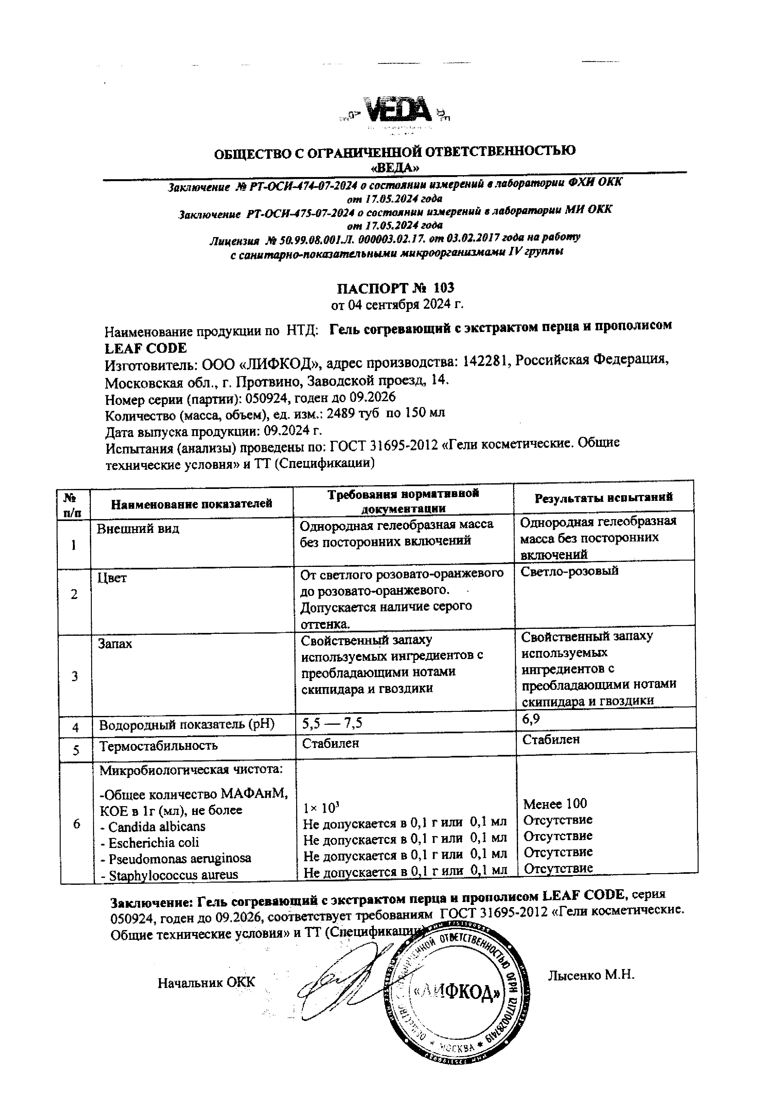 Сертификат на LEAF CODE, гель согревающий с экстрактом перца и прополисом, туба 150 мл