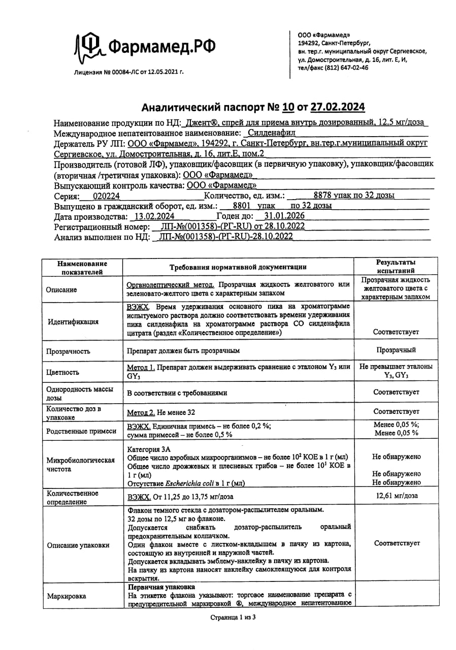 Сертификат на Джент, спрей силденафил 12.5 мг, 5 мл (32 дозы)
