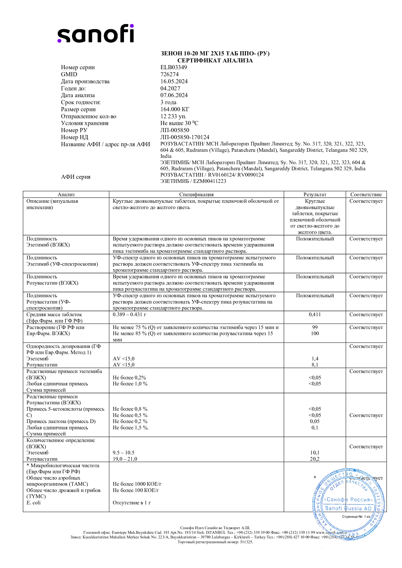 Сертификат на Зенон, таблетки покрыт. плен. об. 20 мг+10 мг, 30 шт.