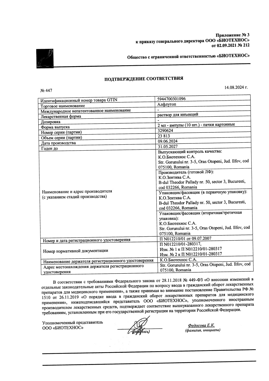 Сертификат Алфлутоп, раствор для инъекций ампулы 2 мл, 10 шт.