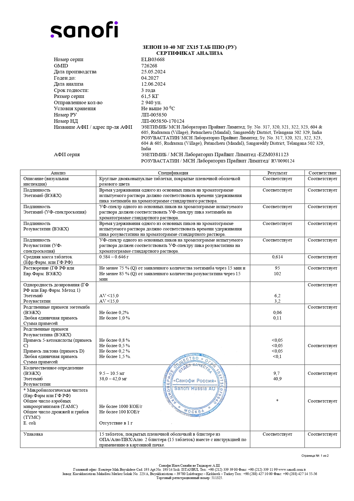 Сертификат на Зенон, таблетки покрыт. плен. об. 40 мг+10 мг, 30 шт.