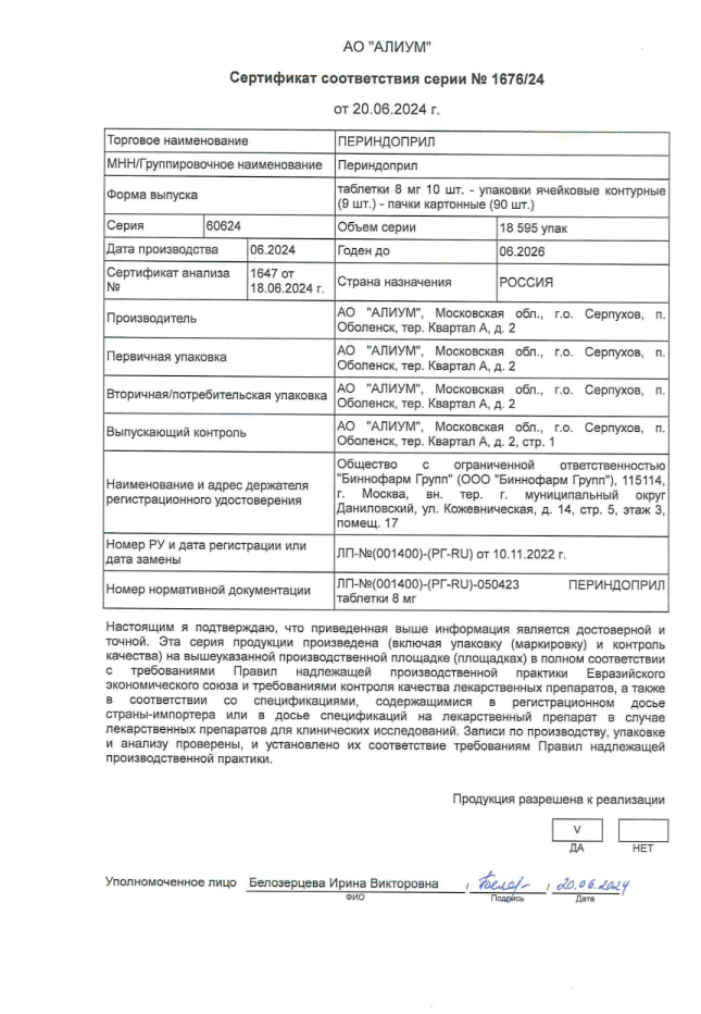 Сертификат на Периндоприл, таблетки 8 мг, 90 шт. (Алиум)