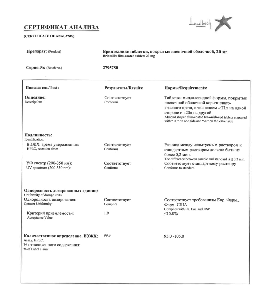 Сертификат на Бринтелликс, таблетки 20 мг, 28 шт.