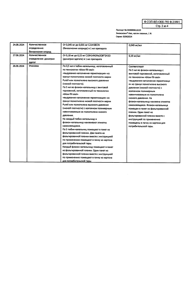 Сертификат на Эмоксипин Нео, капли глазные 1%, 5 мл