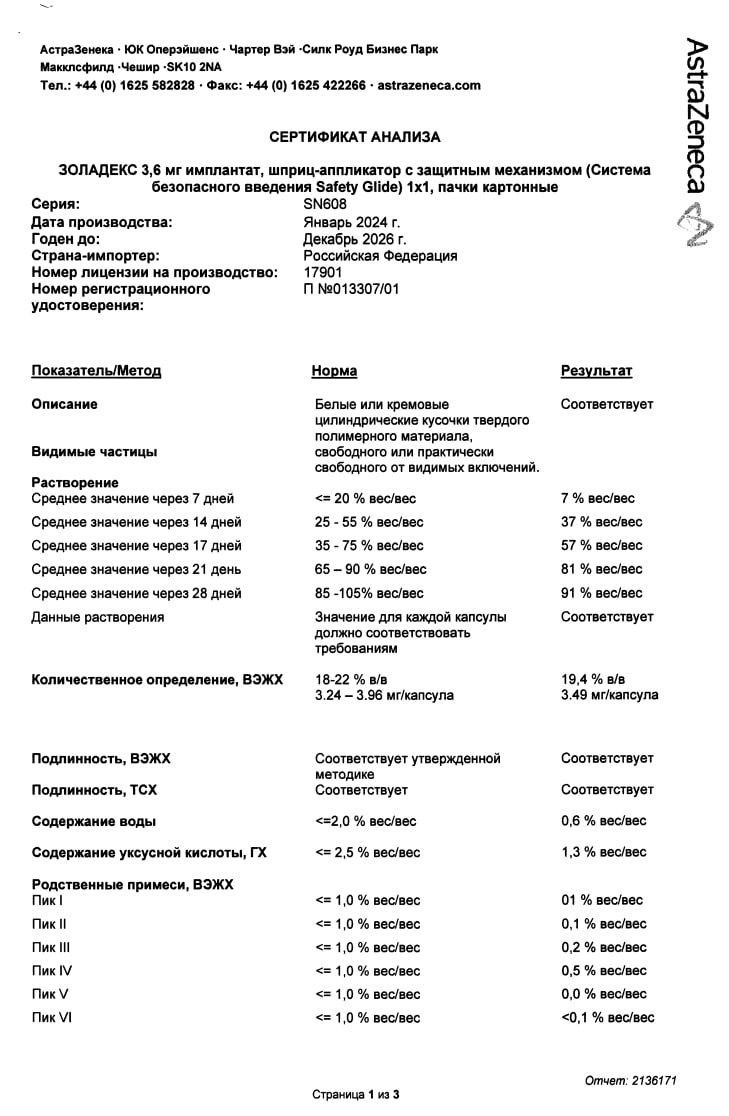 Сертификат на Золадекс, имплантат 3.6 мг, шприц-аппликатор с защитным механизмом, 1 шт.