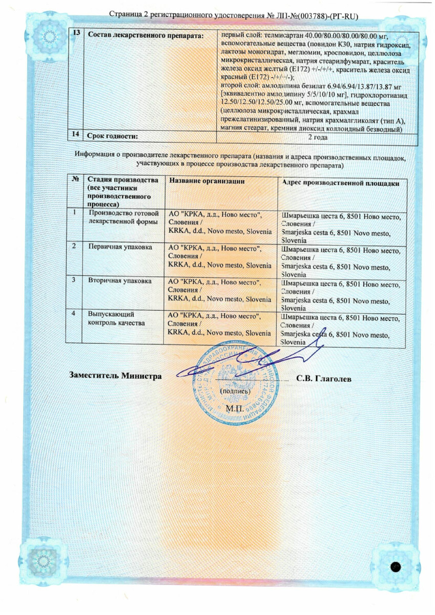 Сертификат на Телмиста Трио таблетки 10 мг +25 мг +80 мг,  28 шт.